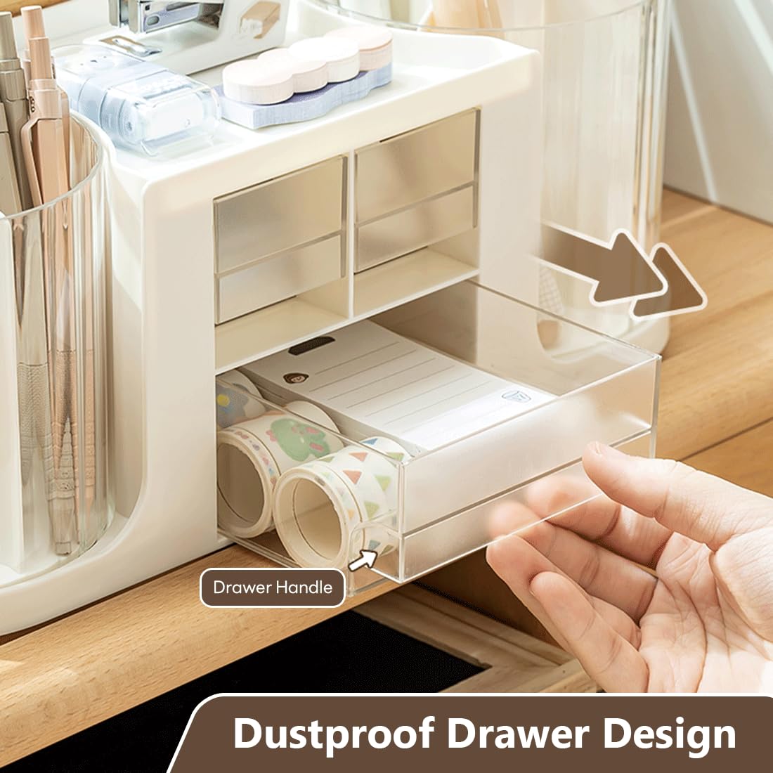 Rotating Desk Organizer with 2 Pen Holder, Office Desk Organizers and Storage with 10 Slots 360 Degree Rotating Pencil Holder for Desk+3 Drawer Organizers+1 Top Storage Tray for School Supplies