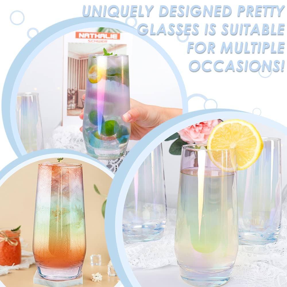 Swetwiny Colorful Highball Glasses, 18.5 Ounce Iridescent Glassware Set of 4 Lead-Free Crystal Glassware Drinking Glasses Set for Mixed Drinks, Water, Juice, Beer, Cocktail