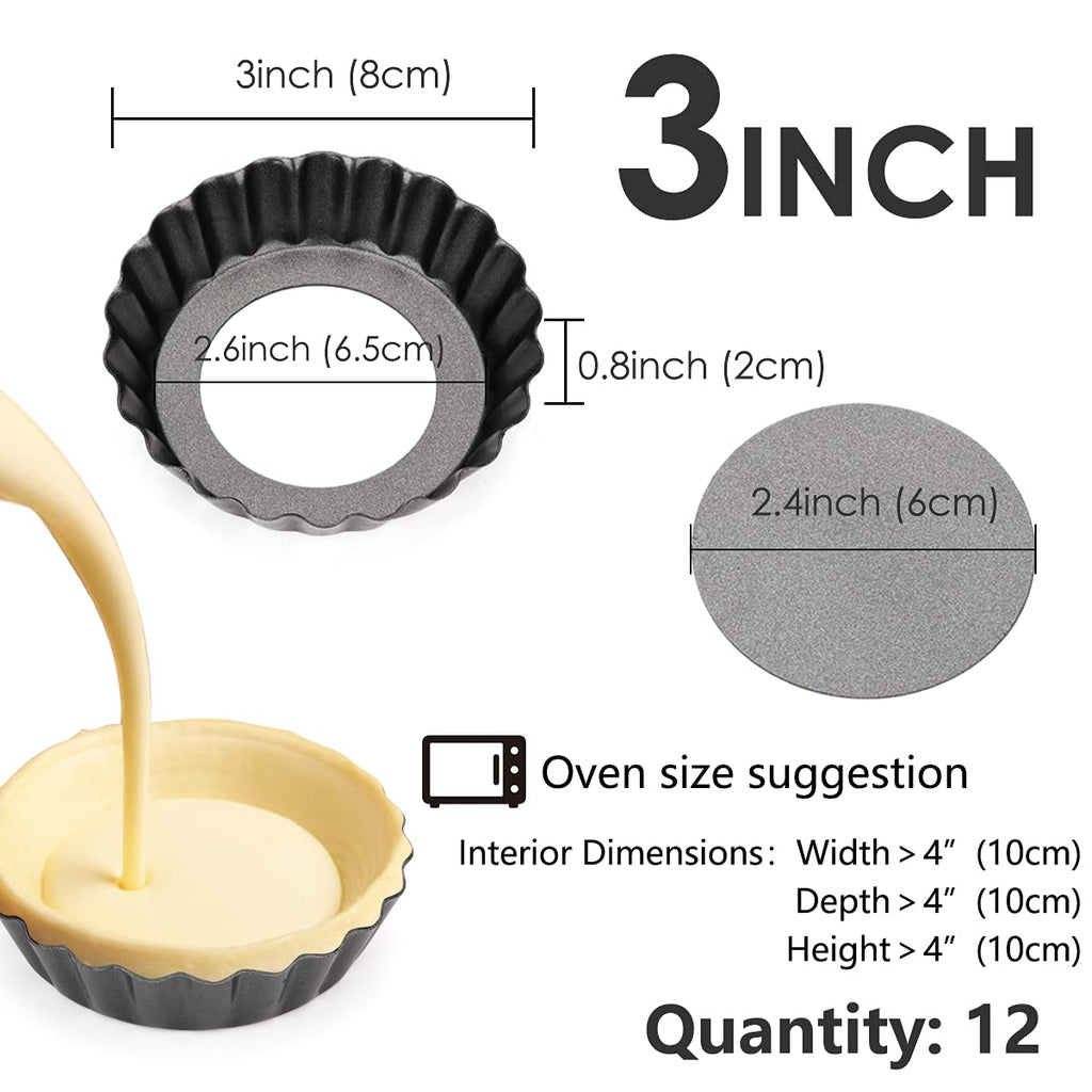 Cyimi 12 pcs Egg Tart Molds, 3" Mini Tart Pans Removable Bottom, Cupcake Cake Muffin Mold Tin Pan Baking Tool, Reusable Quiche Bakeware Carbon Steel for Pies, Quiche Bakeware, Cheese Cakes, Desserts
