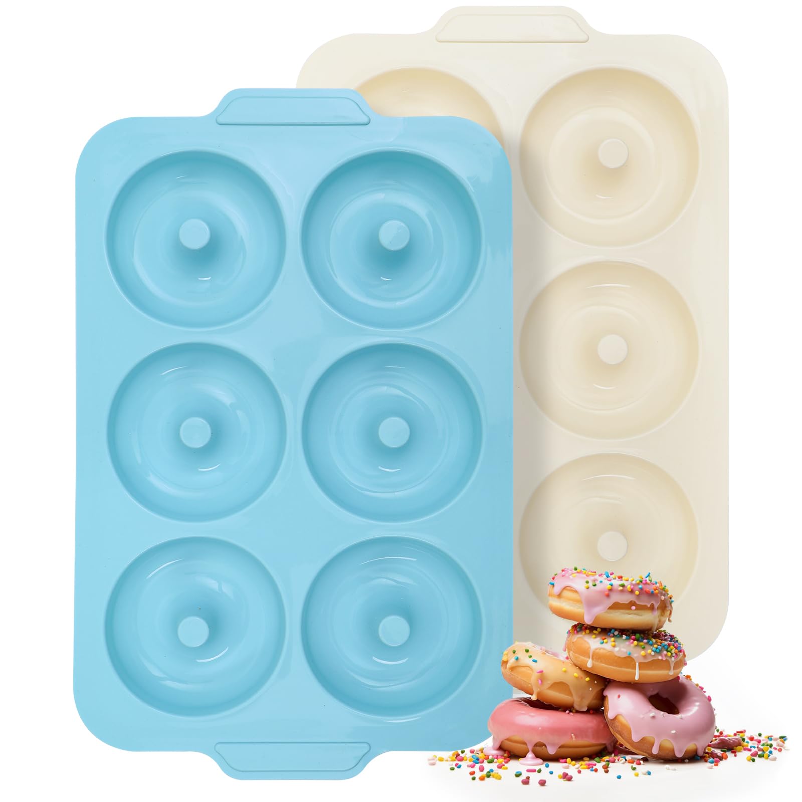 Toeusog Nonstick Silicone Donut Pan: 3.5 Inch Large Donut Mold with Metal Frame - Bagel Doughnut Pan for Baking Gluten Free Glazed Vegan - for Oven Housewife Home Baker Baking Lovers (Green & Beige)