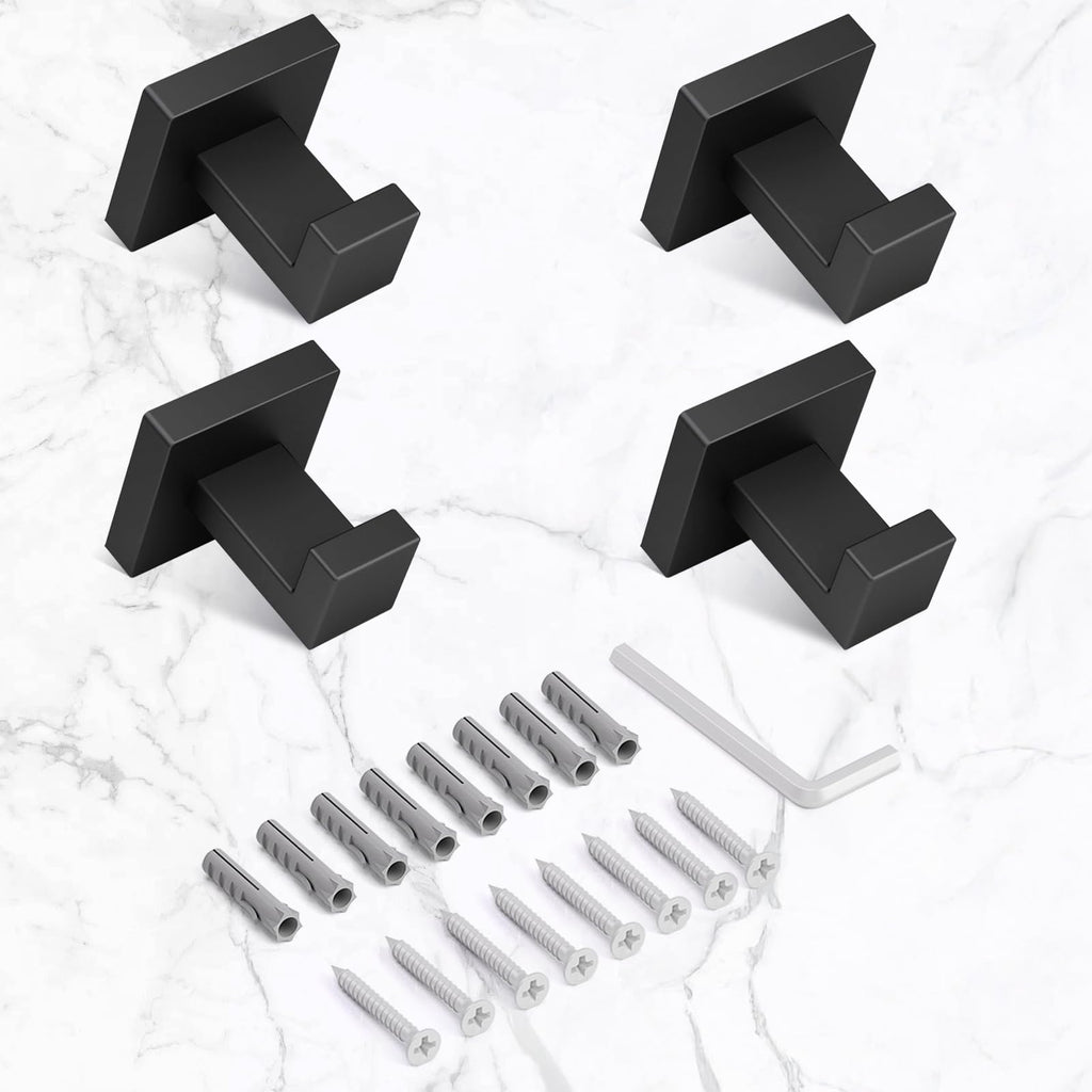 HITSLAM Towel Hooks for Bathroom Wall Mounted, Black Bathroom Hook, SUS304 Stainless Steel Robe Hook and Coat Hooks, Square Wall Hooks for Hanging, Hand Towel Holder, 4 Packs