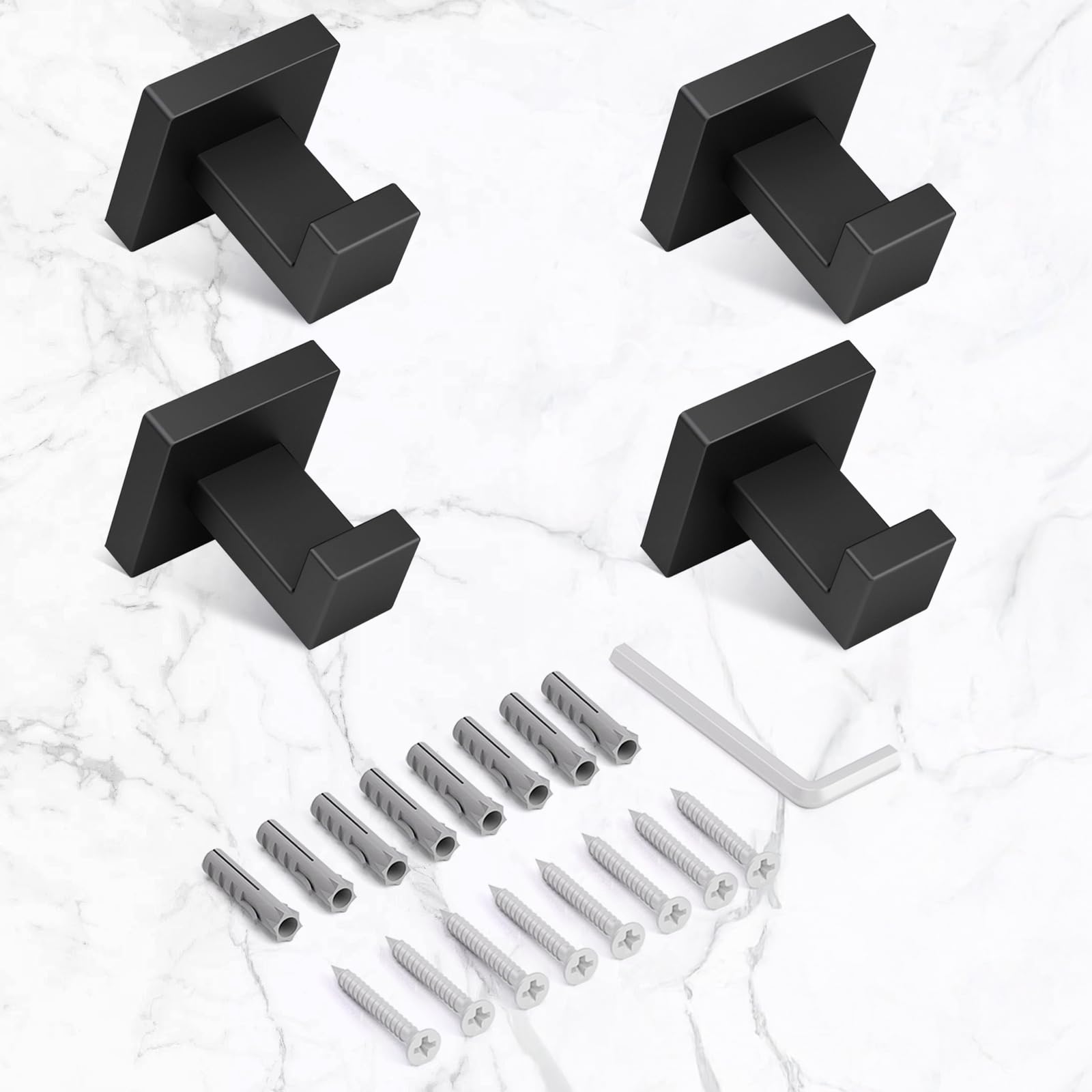 HITSLAM Towel Hooks for Bathroom Wall Mounted, Black Bathroom Hook, SUS304 Stainless Steel Robe Hook and Coat Hooks, Square Wall Hooks for Hanging, Hand Towel Holder, 4 Packs