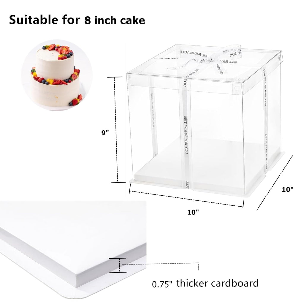 NROZIET 6 Pack Clear Cake Box, 2-Layer Transparent Cakes Box with Ribbon, 10" X 10" X 9" Tall Cake Carrier Boxes with Sturdy Board for Bakery Dessert Bread Pastry Birthday Parties, Wedding Graduation