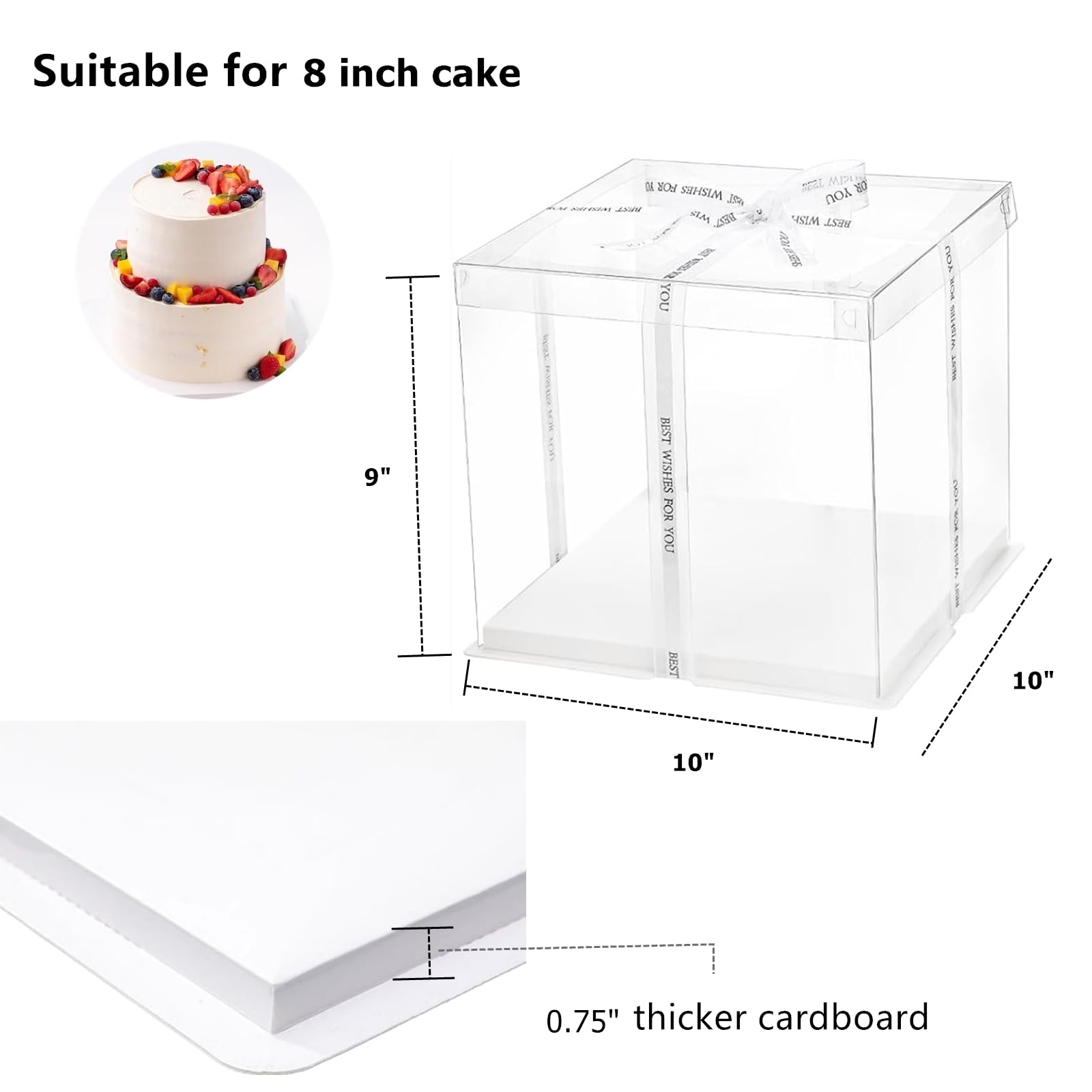 NROZIET 6 Pack Clear Cake Box, 2-Layer Transparent Cakes Box with Ribbon, 10" X 10" X 9" Tall Cake Carrier Boxes with Sturdy Board for Bakery Dessert Bread Pastry Birthday Parties, Wedding Graduation