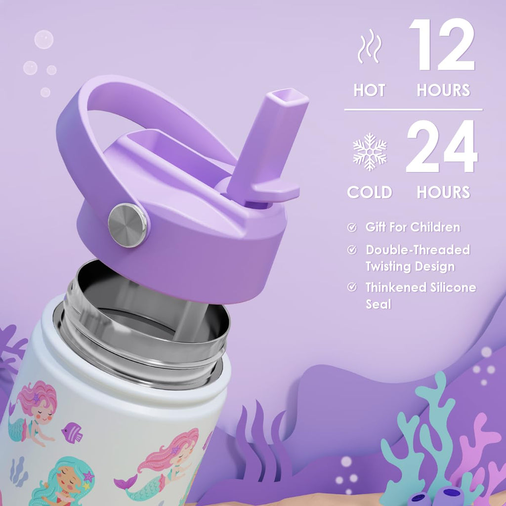 Mermaid Kids Water Bottle With Straw Lid 12oz Insulated Stainless Steel, Travel Tumbler, Gifts For Girls, Birthday, Christmas, Back To School