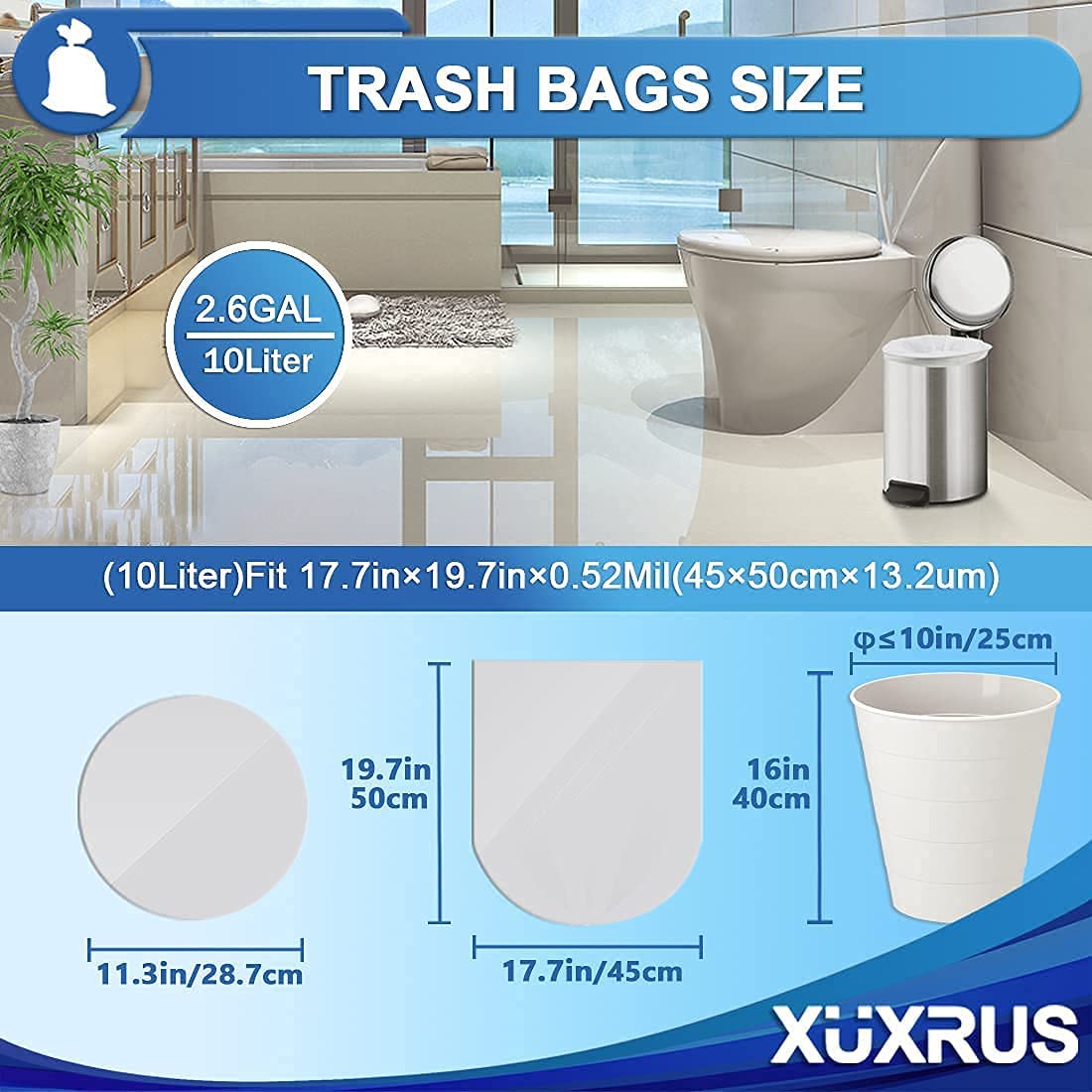 XUXRUS Small Garbage Bags 3 Gallon 200 Counts Bathroom Trash Bags Strong Clear Trash Can Bags Wastebasket Bin Liners Fit 8~10 Liter