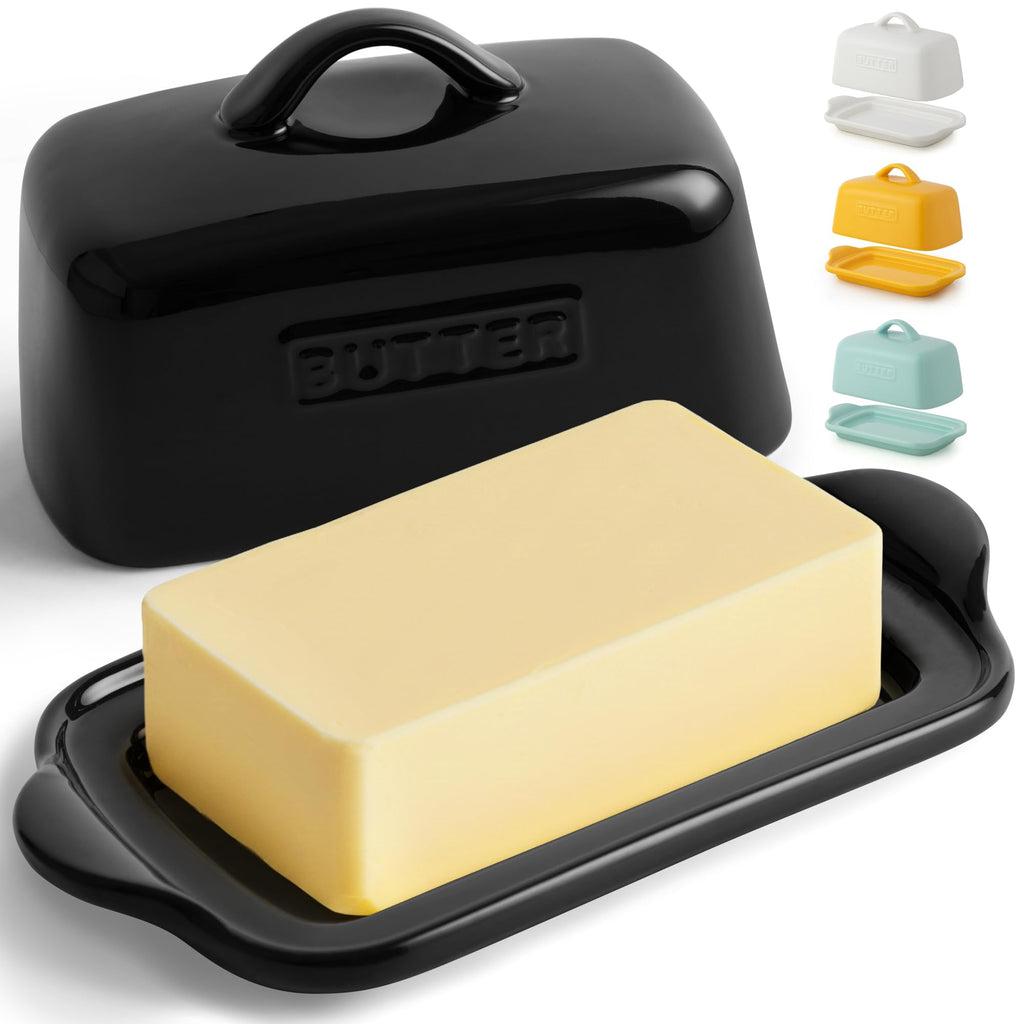 Zulay Kitchen Butter Dish with Lid – Large 1 lb Canadian Size, Black Porcelain Butter Tray & Butter Container for Countertop or Refrigerator - Black