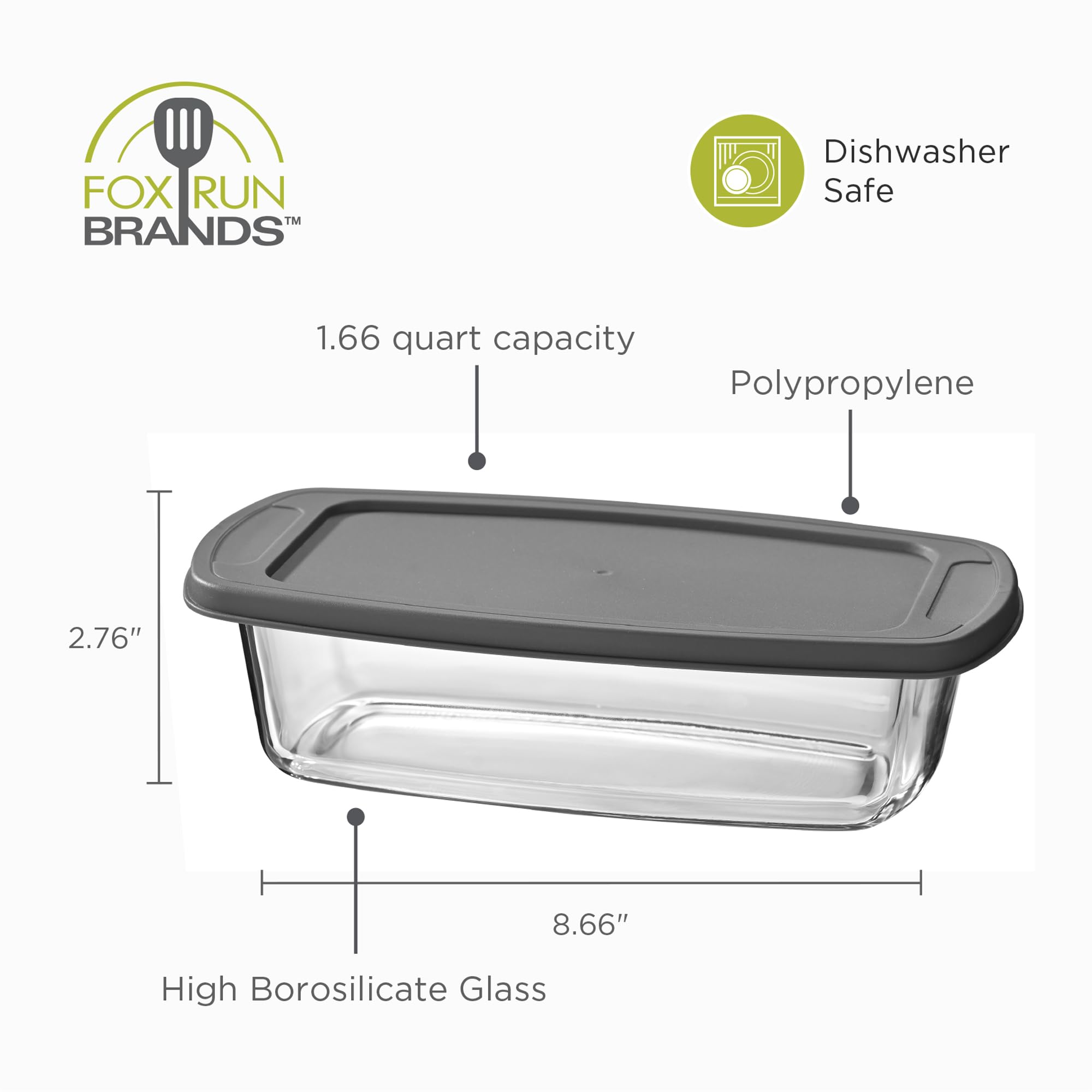 Fox Run Glass Loaf Pans with Lids, Set of 2 Storage and Baking Dishes, 5.75" x 11" x 2.9"