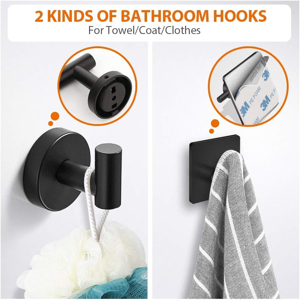 5 Piece Bathroom Hardware Set Matte Black Bathroom Accessories SUS304 Stainless Steel Include 16" Towel Rod, Toilet Paper Holder, Multifunctional Hooks