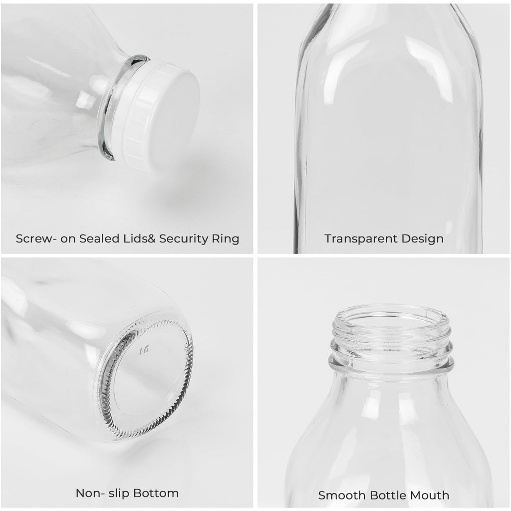 DHSBTLS 6 Pcs Glass Milk Bottles with Lid, 32 oz/ 1 L Reusable Glass Milk Container for Fridge to Store Fresh Milk, Airtight Heavy Duty Clear Juice Jar for Juice, Honey, Syrup, Extra 2 Lids& Stickers