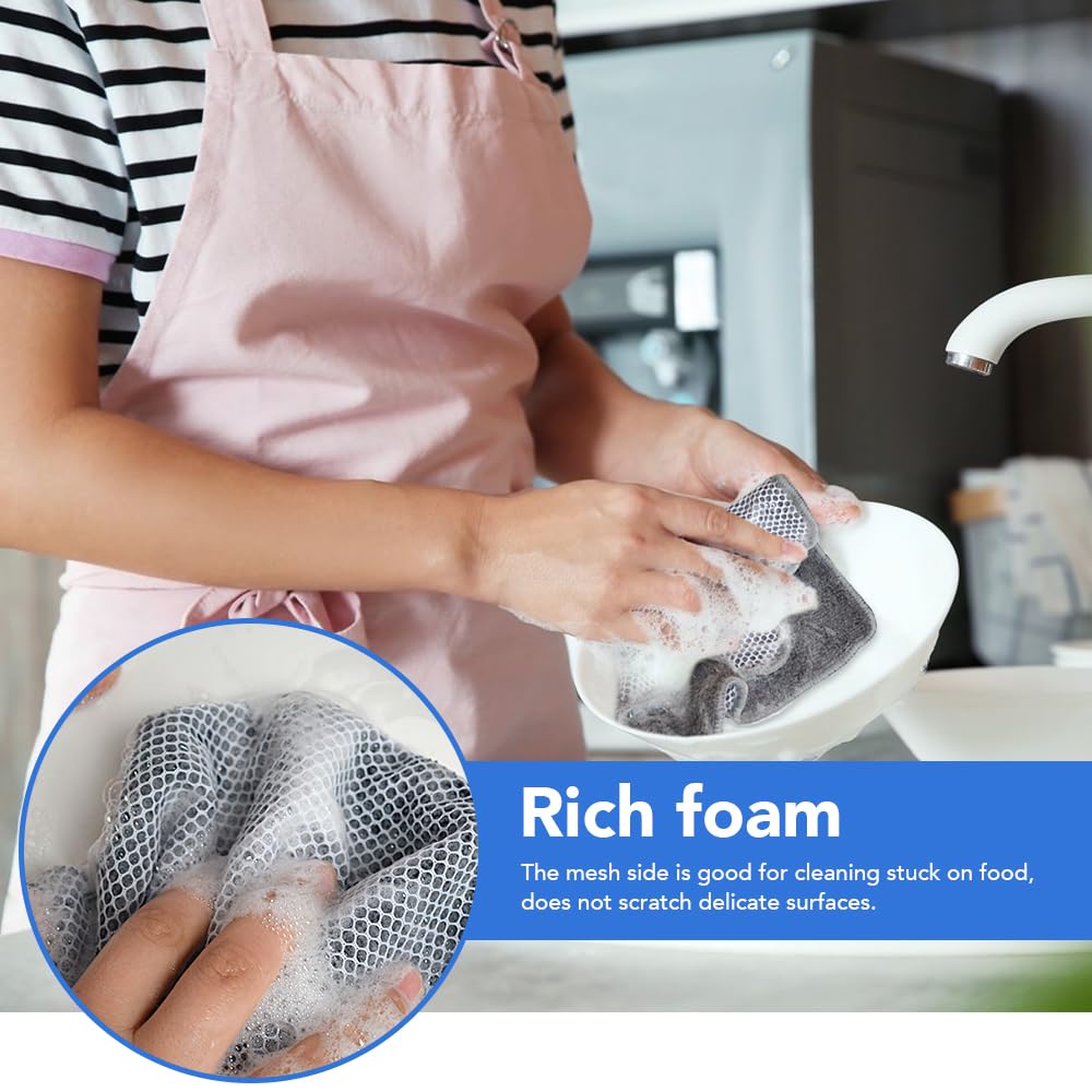 VIVOTE Microfiber Cleaning Cloths Washable Dishcloths with Polyester Mesh Scrubbing Edge Dishcloths, Kitchen Household Wipes Kitchen Dish Cloth,6pcs,20cmx20cm (Grey)