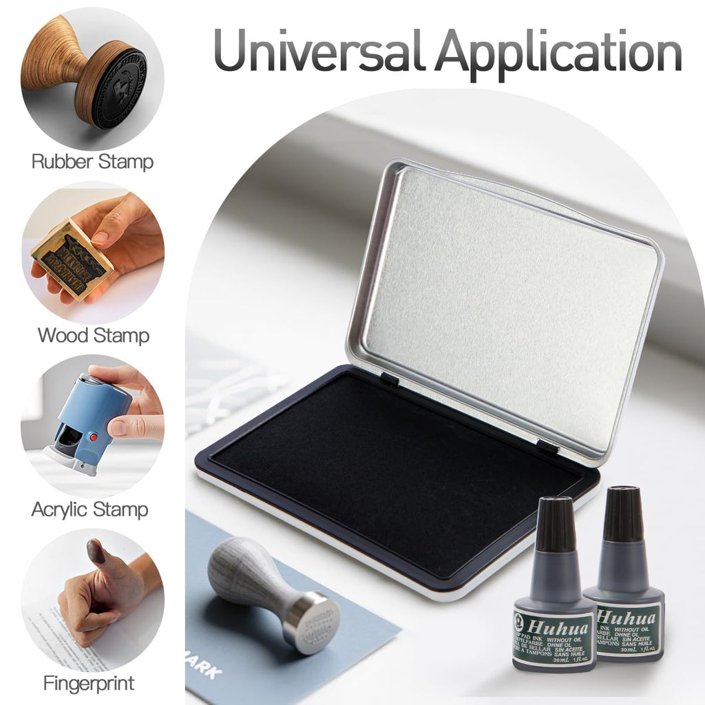 Melispapa Large Black Stamp Ink Pad Set - 1 Black Stamp Pad & 2 Ink-Refills (2 oz, Black), 6.2" x 3.9" Large Black Ink Pad for Rubber Stamps, Non-Toxic, Washable, Waterproof & Permanent Felt Pad