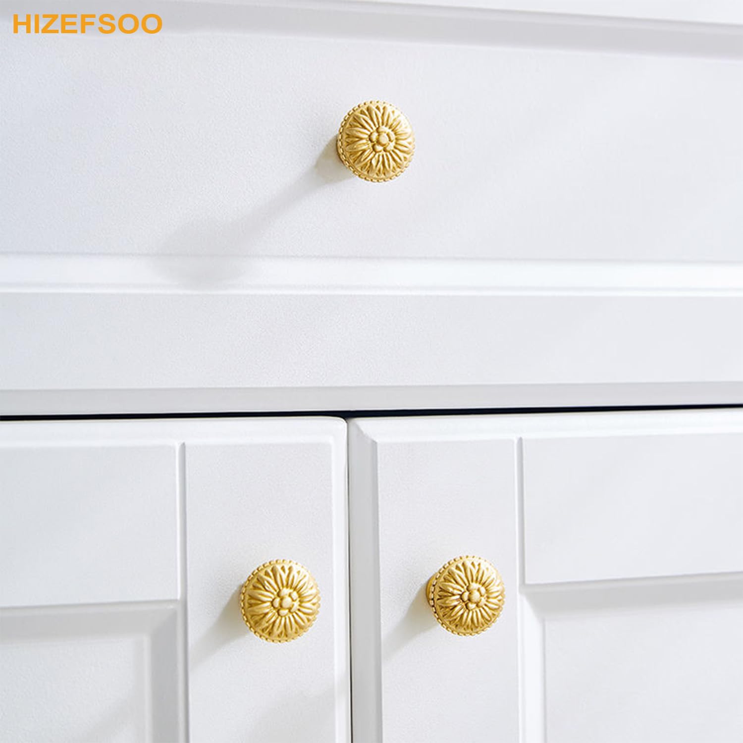 HIZEFSOO 4PCS Gold Brass Drawer Knobs - Solid Copper - Gold Brass Cabinet Knobs – Decorative Knobs - Vintage Antique Flower Round Brushed Gold Solid Brass Drawer Cabinet Dresser Knob Pull Handle