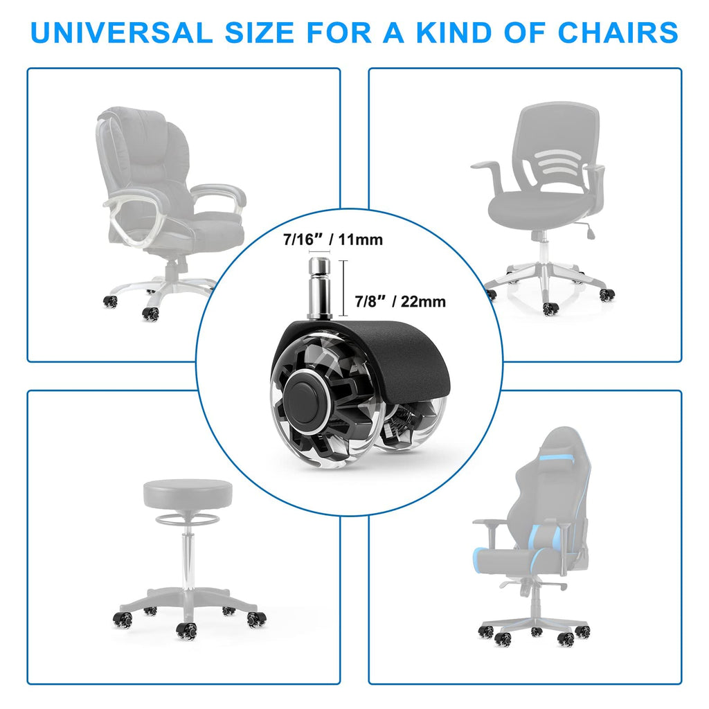 Office Chair Caster Wheels (Set of 5),Heavy-Duty Chair Wheels Support 2200lbs,Mute Rubber Chair Casters for Hardwood Floors and Carpet,2 Inch Universal Fit,casters for Hardwood Floors (Black)