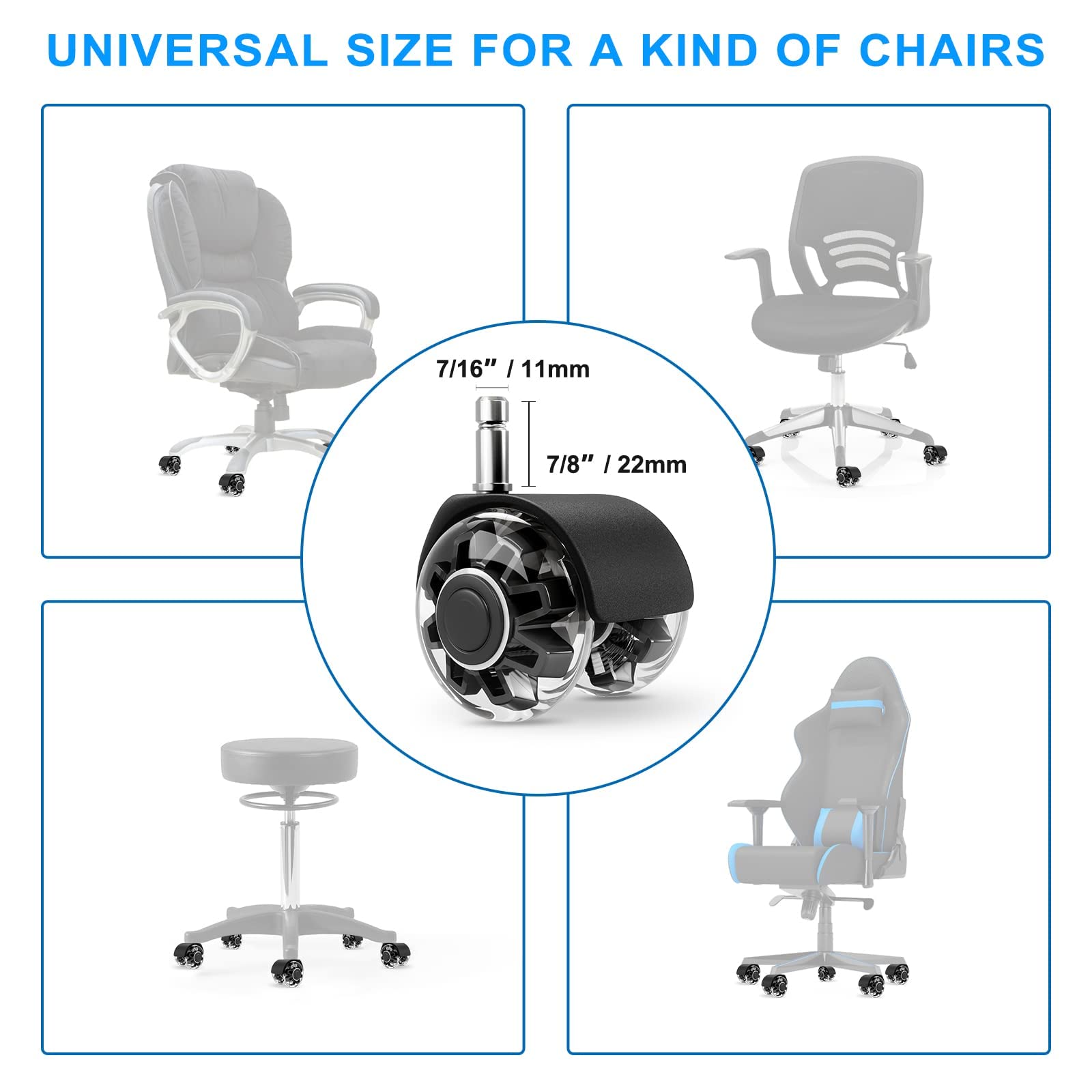 Office Chair Caster Wheels (Set of 5),Heavy-Duty Chair Wheels Support 2200lbs,Mute Rubber Chair Casters for Hardwood Floors and Carpet,2 Inch Universal Fit,casters for Hardwood Floors (Black)