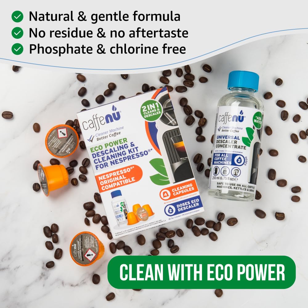 Nespresso Compatible Descaling Kit & Cleaning Pods. 2 Use Descaling Solution & 4 Cleaner Pods. Removes Limescale & Cleans Pod Area. Better Tasting, Hotter Coffee. Nespresso Originaline.