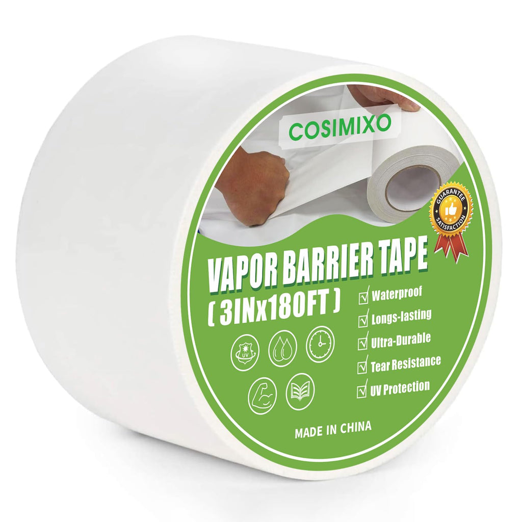 COSIMIXO 1Pack Vapor Barrier Tape, 3in x 180ft, Heavy Duty White Polyethylene Seam Tape,for Stucco, Crawlspaces, Repair, Underlayment Seams, Metal Building Seams,Waterproof