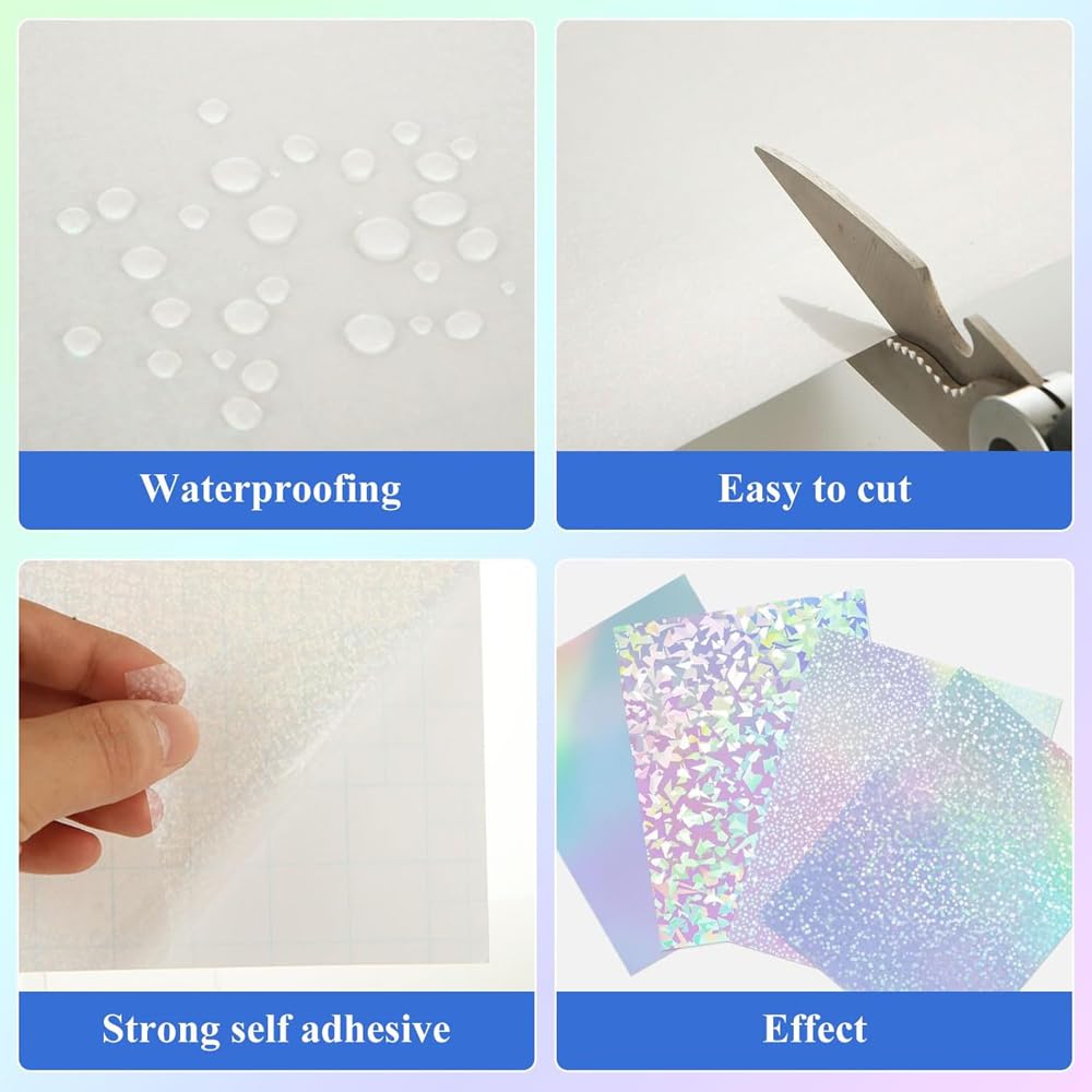 72 Sheets 8.25 x 11.7 Inches Vinyl Holographic Sticker Paper,Clear Overlay Lamination Sticker Paper, 8 Styles Mixed Transparent Holographic Vinyl Sheets, Glitter Laminate Film