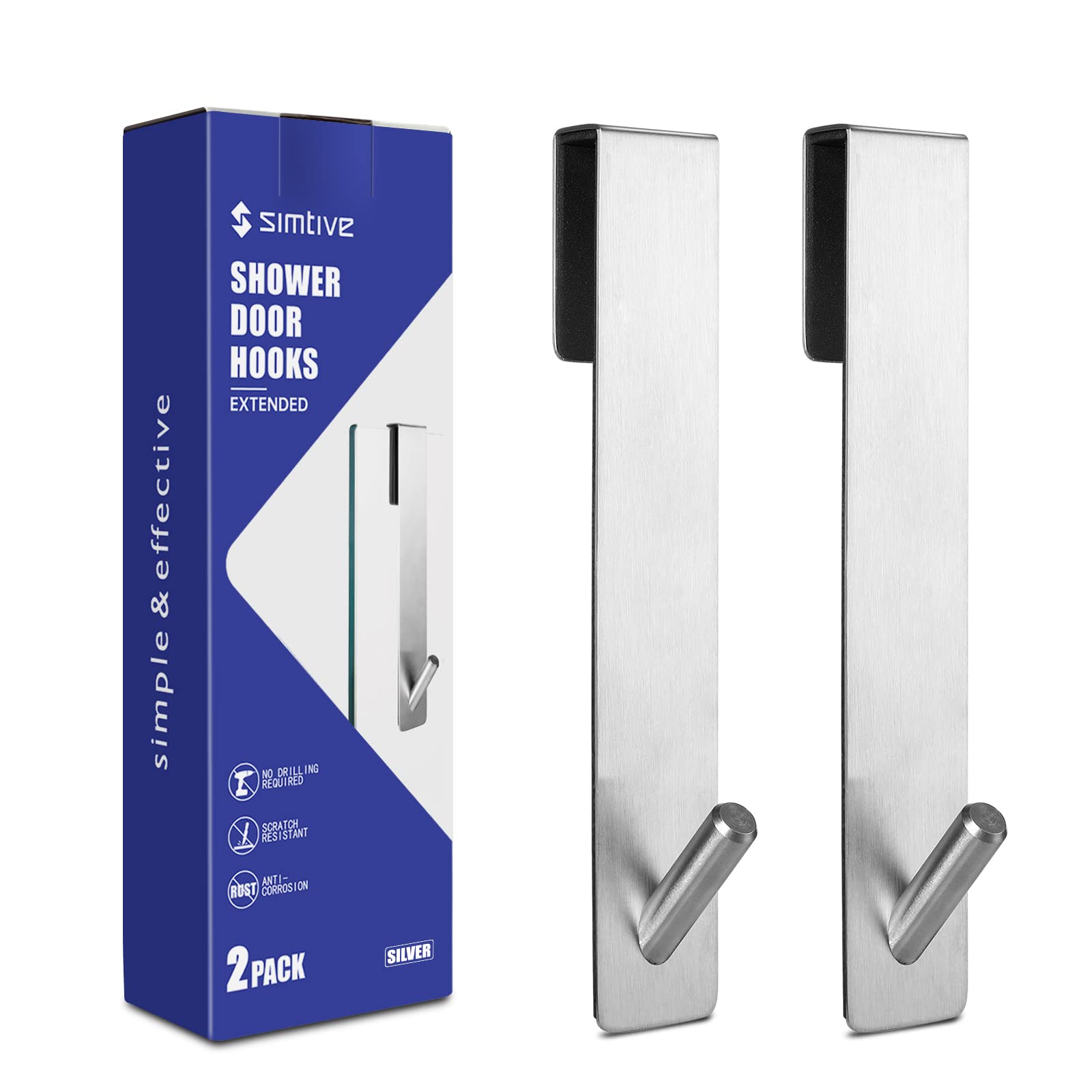 Simtive Extended (7-Inch) Over Door Hooks for Bathroom Frameless Glass Shower Door, Towel Hooks, 2-Pack, Silver