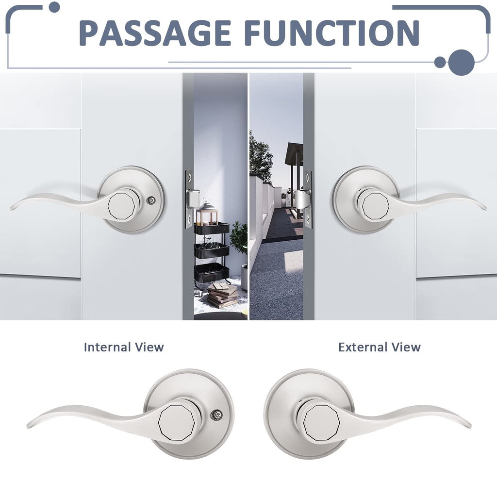 Probrico (1 Pack) Passage Door Lever [Non-Locking Lever Set], Non-Locking Door Handle Set for Hallway or Closets, Keyless Satin Nickel Finish Wave Door Lock, Reversible Right & Left Side Handed
