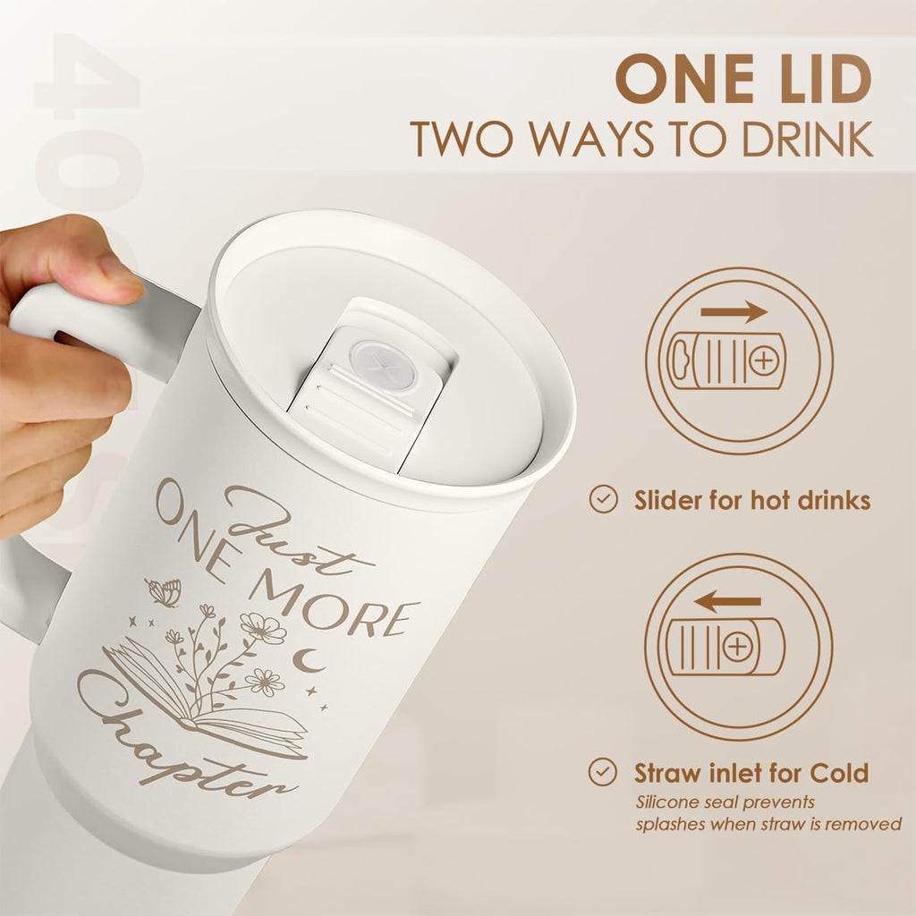 Book Lover Gifts for Women, Just One More Chapter Tumbler with Handle, Stainless Steel Insulated Coffee Travel Mug Cup, Gifts for Women Girls Bookworm on Christmas Birthday, 40oz