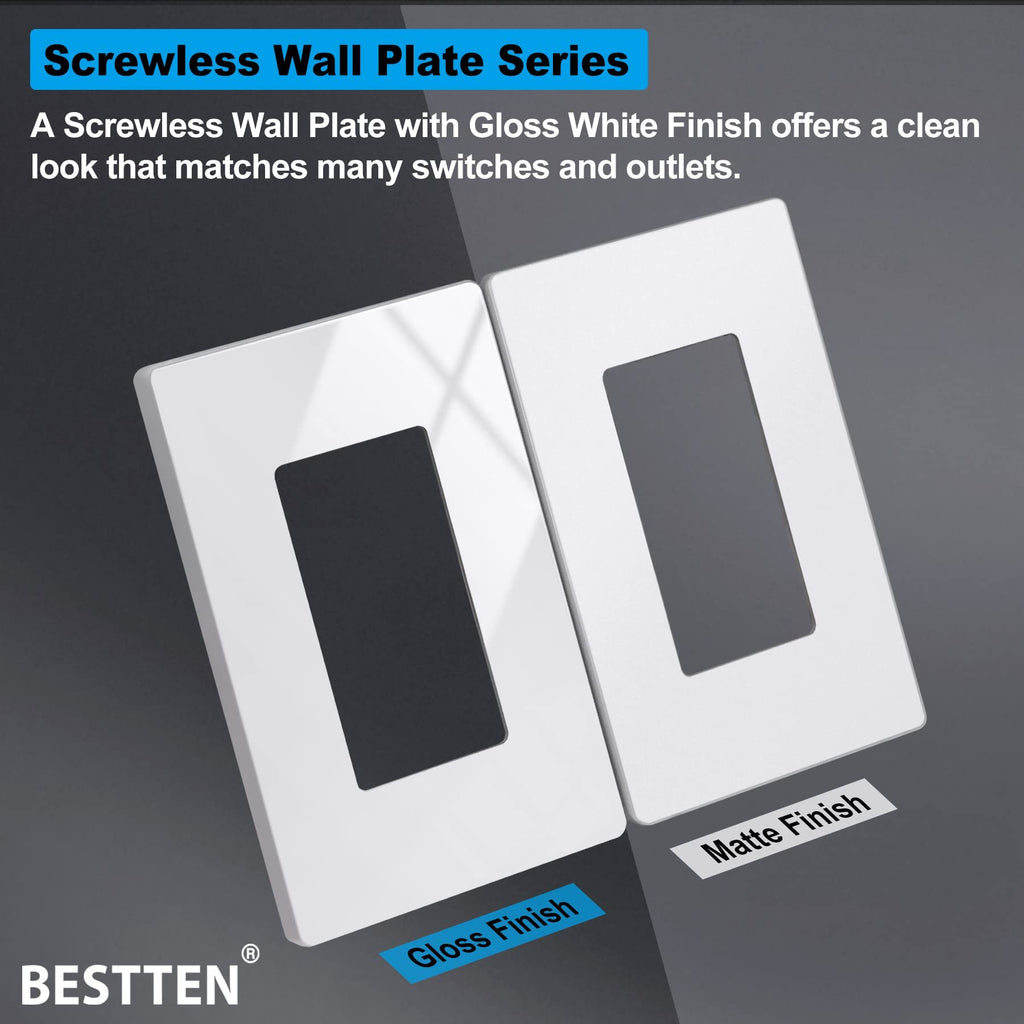 BESTTEN 10 Pack of 1-Gang Screwless Wall Plate, USWP6 Gloss Snow White Series, Decorator Outlet Cover, 11.91cm x 7.39cm, Switch Plate Cover for Light Switch, Dimmer, GFCI, USB Receptacle