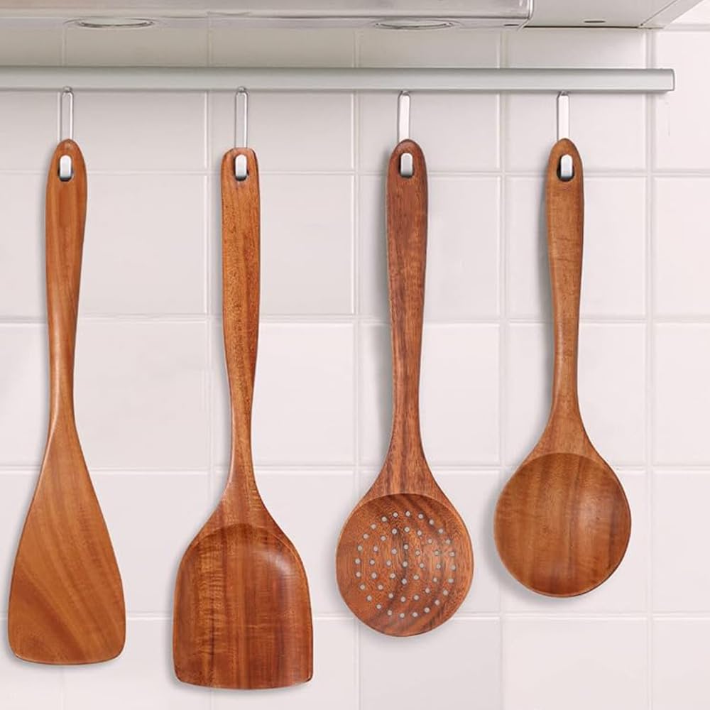 4 Pack Wooden Utensils for Cooking Natural Teak Spoons Spatula Kitchen Utensil Set Wood Spoon (4)