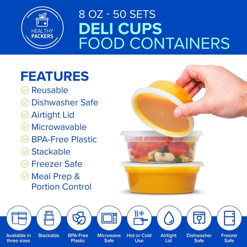Healthy Packers® 8oz Food Storage Containers with Airtight Lids - Clear Plastic Food Storage Jars - BPA Free | Leakproof - Microwaveable - Reusable - Dishwasher & Freezer Safe (50 pack)