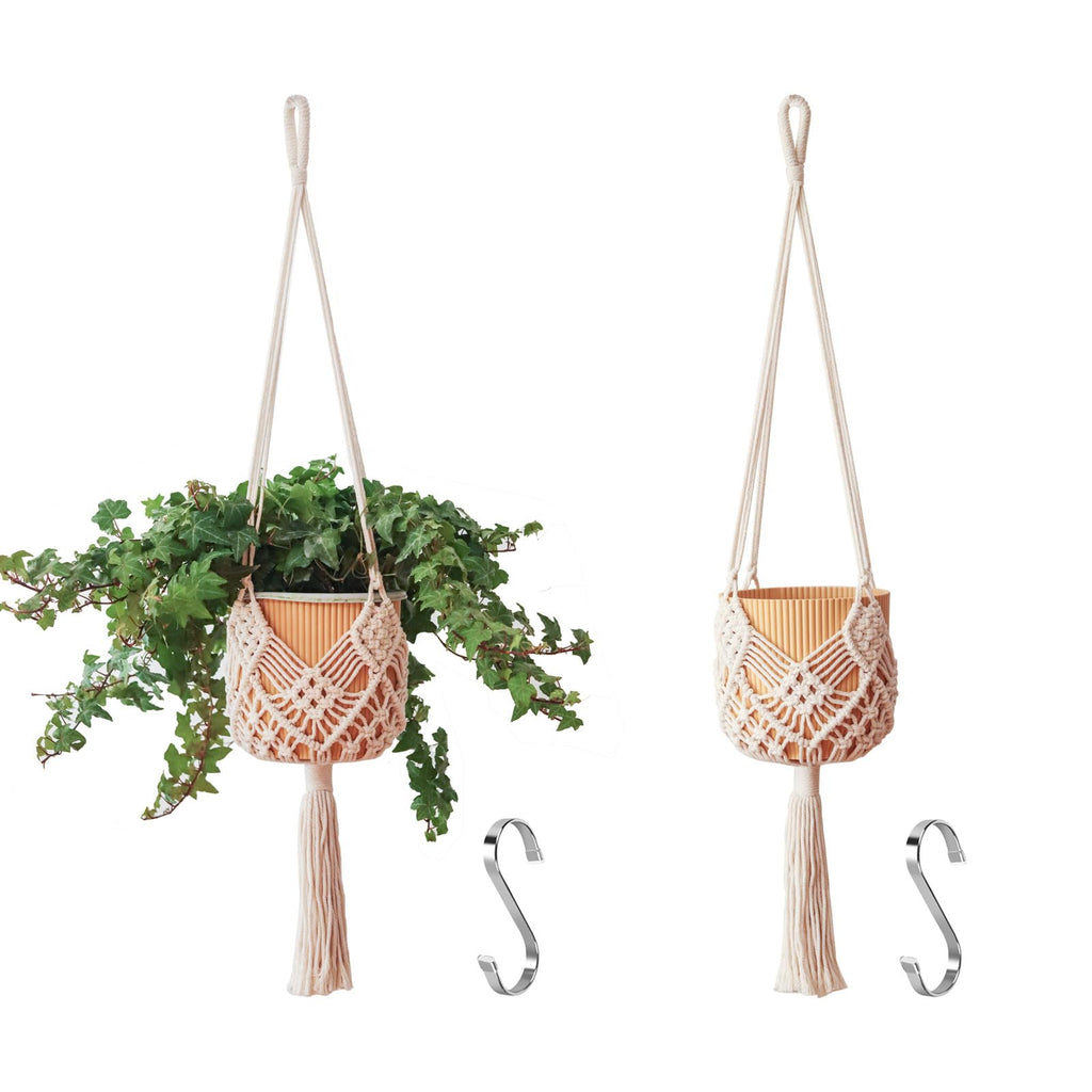 Macrame Plant Hangers Indoor Macrame for up to 8 inch Pot Crochet Boho Plant Hanger Holder for Indoor Outdoor with 2 S Shaped Stainless Steel Hooks (White)