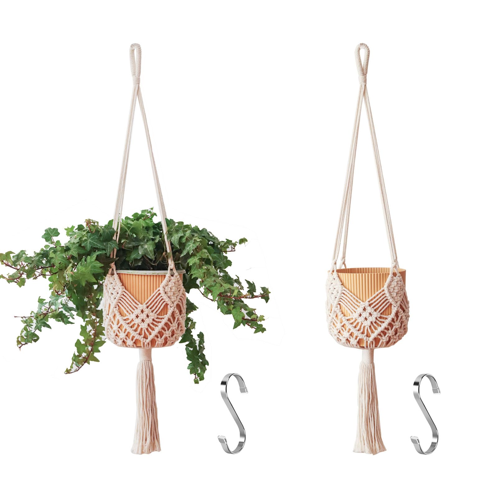Macrame Plant Hangers Indoor Macrame for up to 8 inch Pot Crochet Boho Plant Hanger Holder for Indoor Outdoor with 2 S Shaped Stainless Steel Hooks (White)