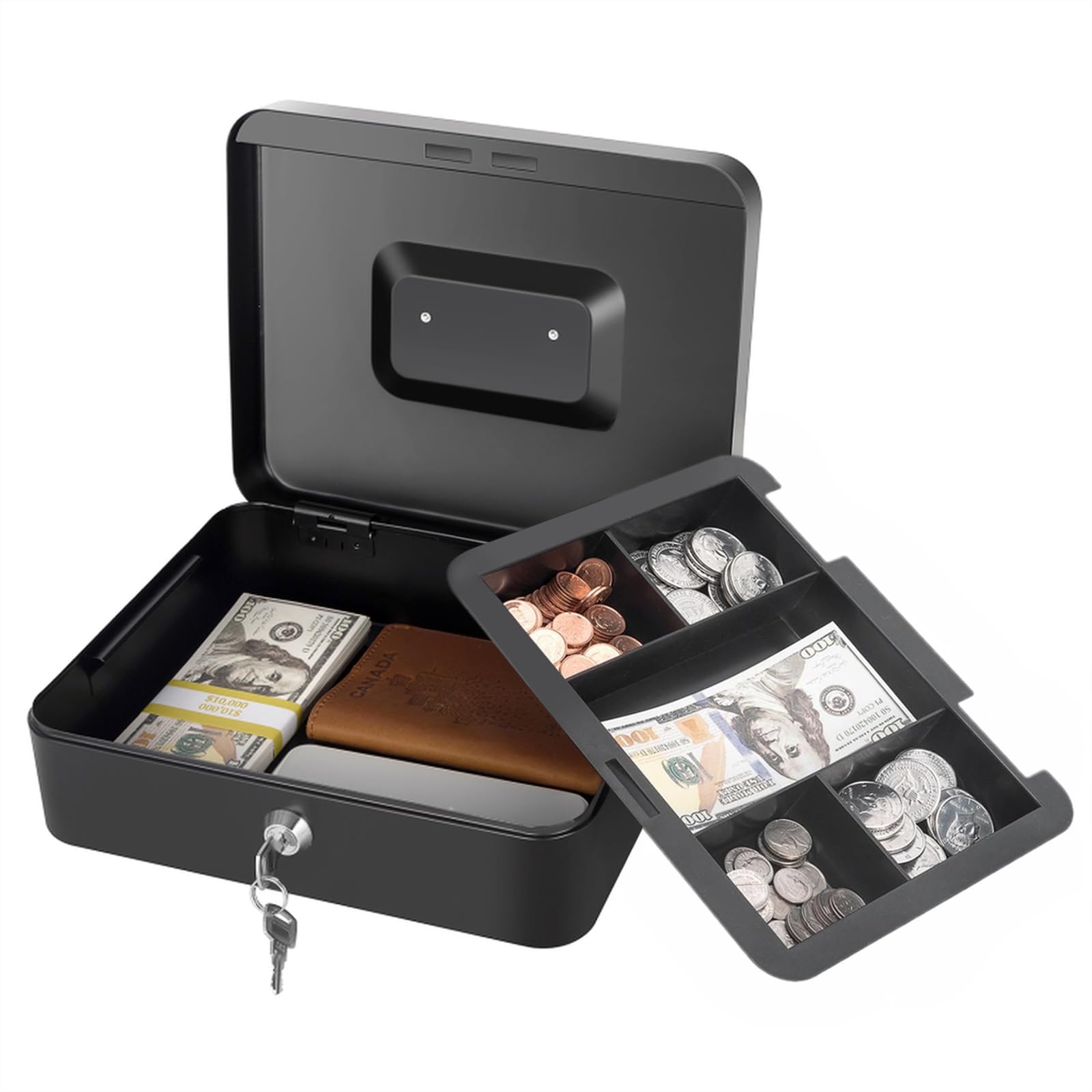 Cash Box with Lock and Money Tray Metal Money Box for Cash Lock Box for Money Safe 9.84" x 7.87" x 3.54" Large Black