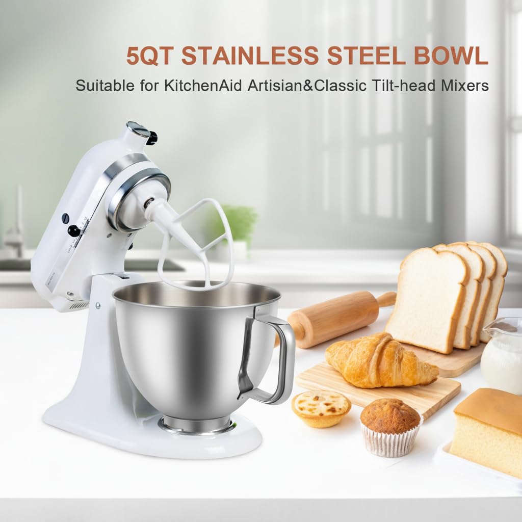 5 Quart Stainless Steel Mixer Bowl Compatible with KitchenAid 4.5 & 5 QT Tilt-Head Stand Mixers, Durable KitchenAid Replacement Bowl, Mixer Accessories for Baking & Cooking (5qt)