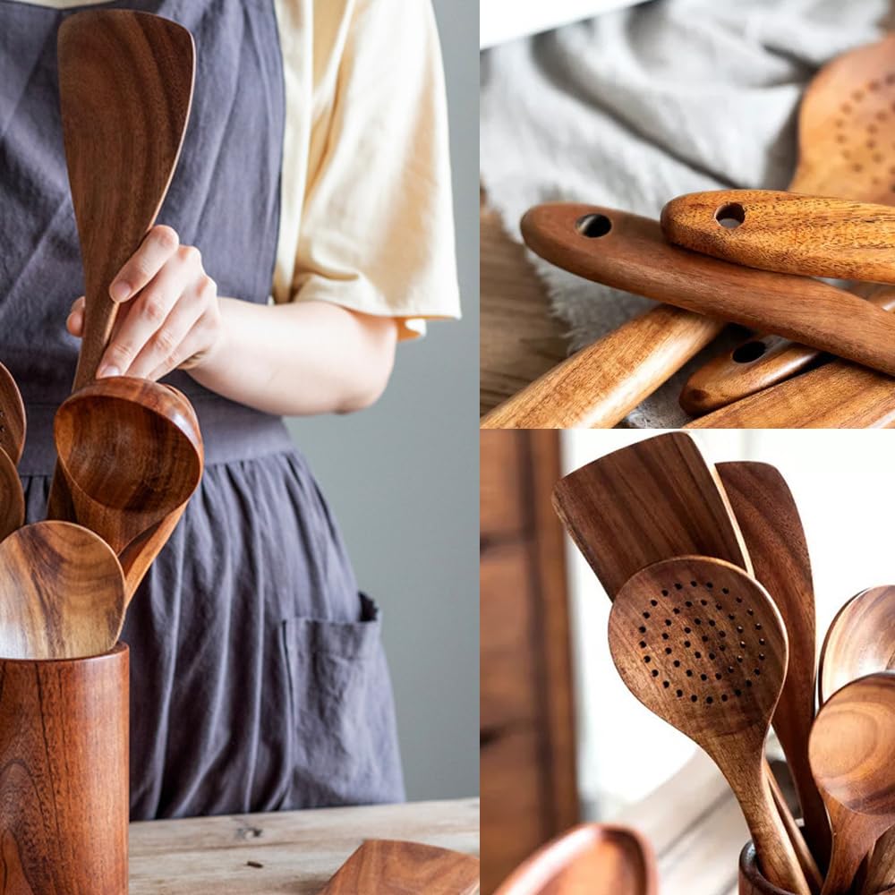 4 Pack Wooden Utensils for Cooking Natural Teak Spoons Spatula Kitchen Utensil Set Wood Spoon (4)