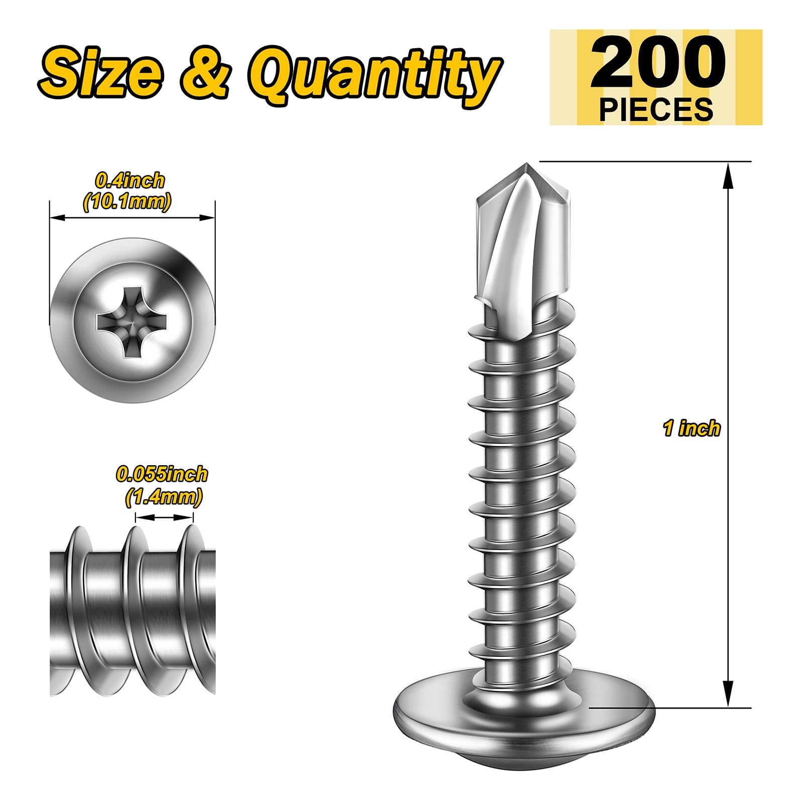 Mywish 200pcs #8×1" Self Tapping Screws for Metal, Sheet Metal Screws 410 Stainless Steel Truss Head Self Drilling Screws High-Strength Quick Tapping Screws