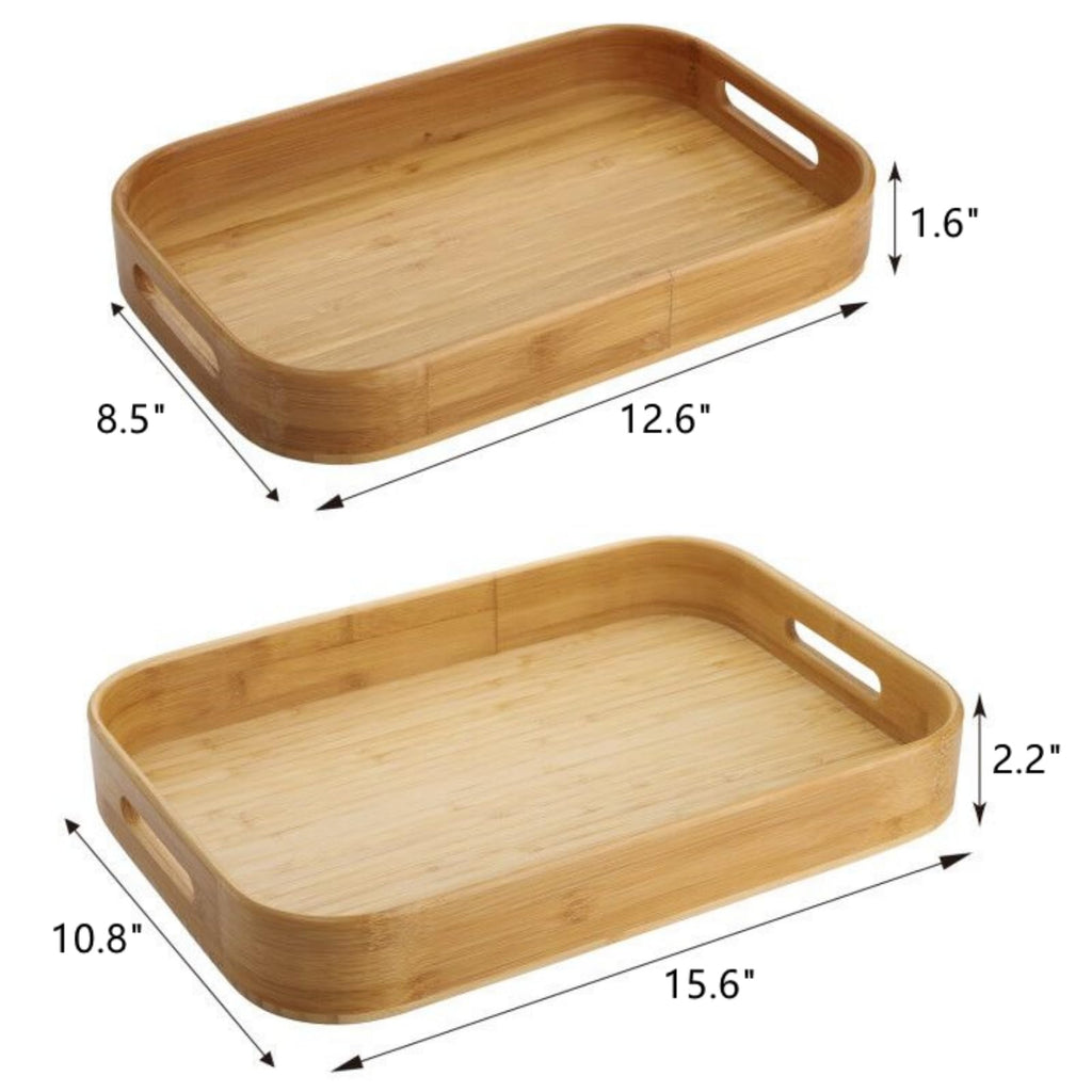 Dicunoy Set of 2 Bamboo Serving Tray, Solid Wood Breakfast Tray with Handles, Large Bamboo Food Tea Trays Great for Dinner, Coffee, Bar, Parties, 15.6" L x 10.8" W /12.6" L x 8.5" W