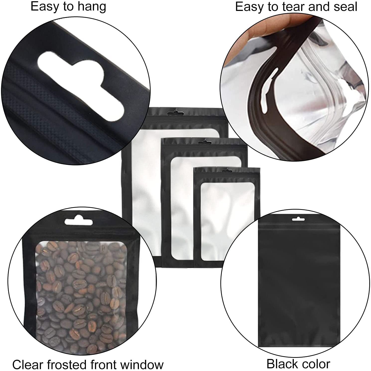300 Pack 3 Sizes Resealable Mylar Bags Food Storage Smell Proof Bags with Front Window Packaging Pouch for Sample Snack Cookies Jewelry (Black, 3 x 4.7 inch,4 x 6 inch,4.7 x 7.9 inch)