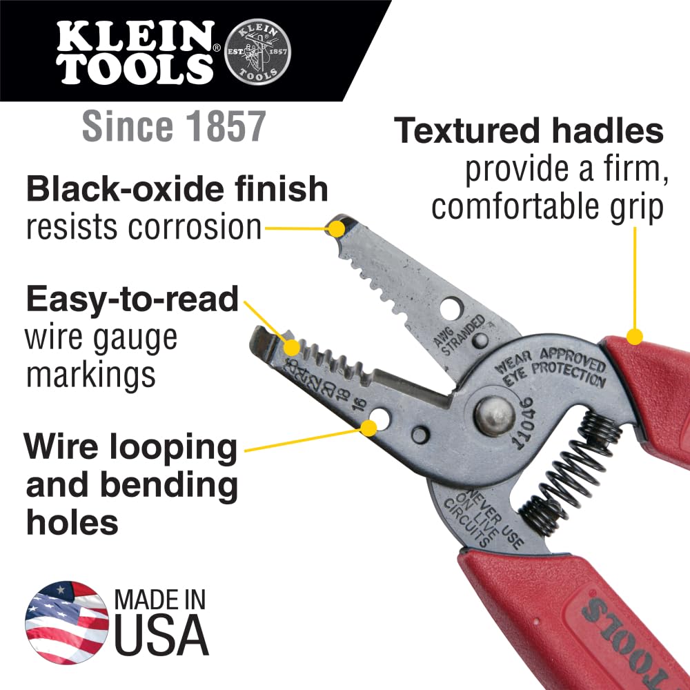 Klein Tools 11046 Wire Stripper, Wire Cutter, Stripping/Cutting Tool for 16-26 AWG Stranded, Compact Nose with Precision-Ground Stripping Holes