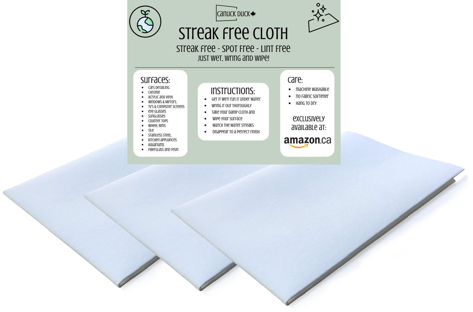 CANUCK DUCK® Cloth Streak Free Cloths - XL 16" x 16" White - Cleans with Water (Pack of 3)