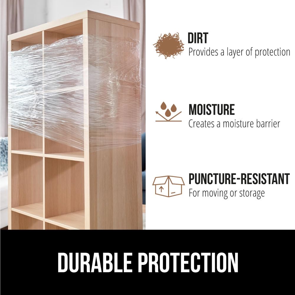 GORILLA GRIP 500% Stretch Film Heavy Duty Plastic, 500ft Shrink Wrap Roll 10" Puncture Resistant, Industrial Strength for Shipping, Pallet Storing, Moving, Packing Furniture Protection 1 Pack Clear
