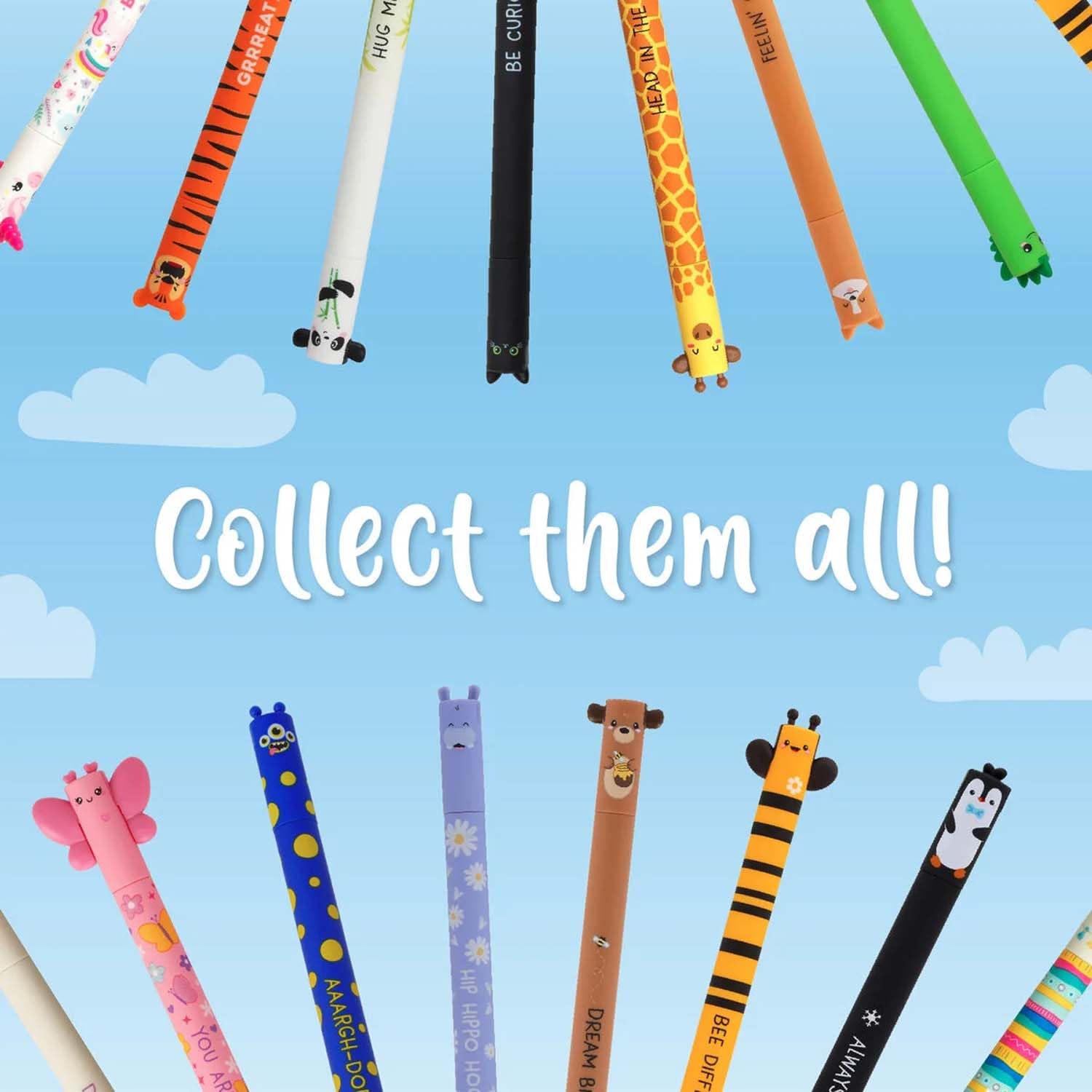 LEGAMI - Set of 8 Erasable Gel Pens with Thermosensitive Erase Ink, Range of ink colours & barrel designs, 0.7mm Tip, Ladybug, Monster, Tiger, Butterfly and Farmyard Designs