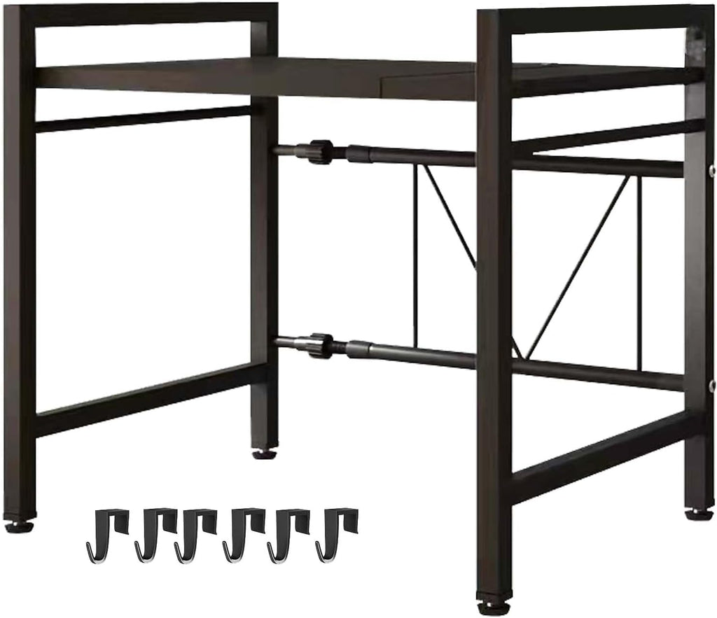 LUCKY KVW Microwave Oven Rack, Adjustable Shelf with 6 Hooks, Extendable Kitchen Microwave Stand with Storage