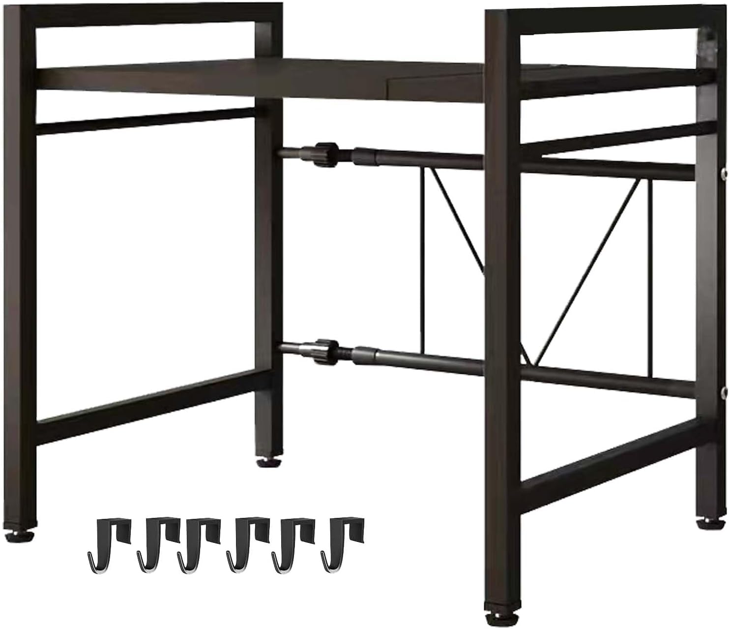 LUCKY KVW Microwave Oven Rack, Adjustable Shelf with 6 Hooks, Extendable Kitchen Microwave Stand with Storage