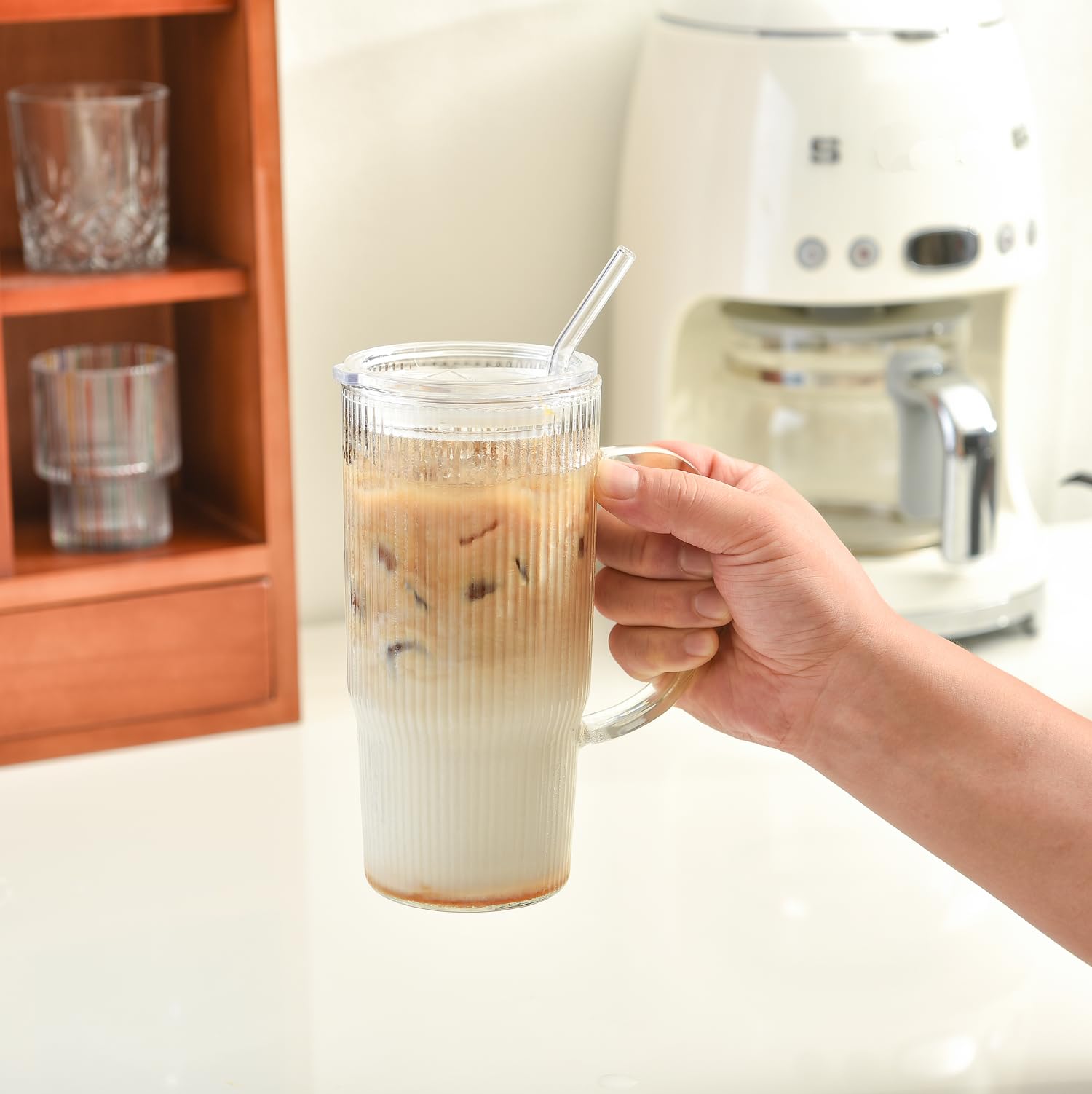 ALINK 2 Pack 24 oz Ribbed Glass Tumbler with Handle Lid and Straw,Glassware Set Ripple Large Iced Coffee Cups, Aesthetic Glass Travel Tumbler for Hot & Cold Beverages, Smoothies, Tea and Juice