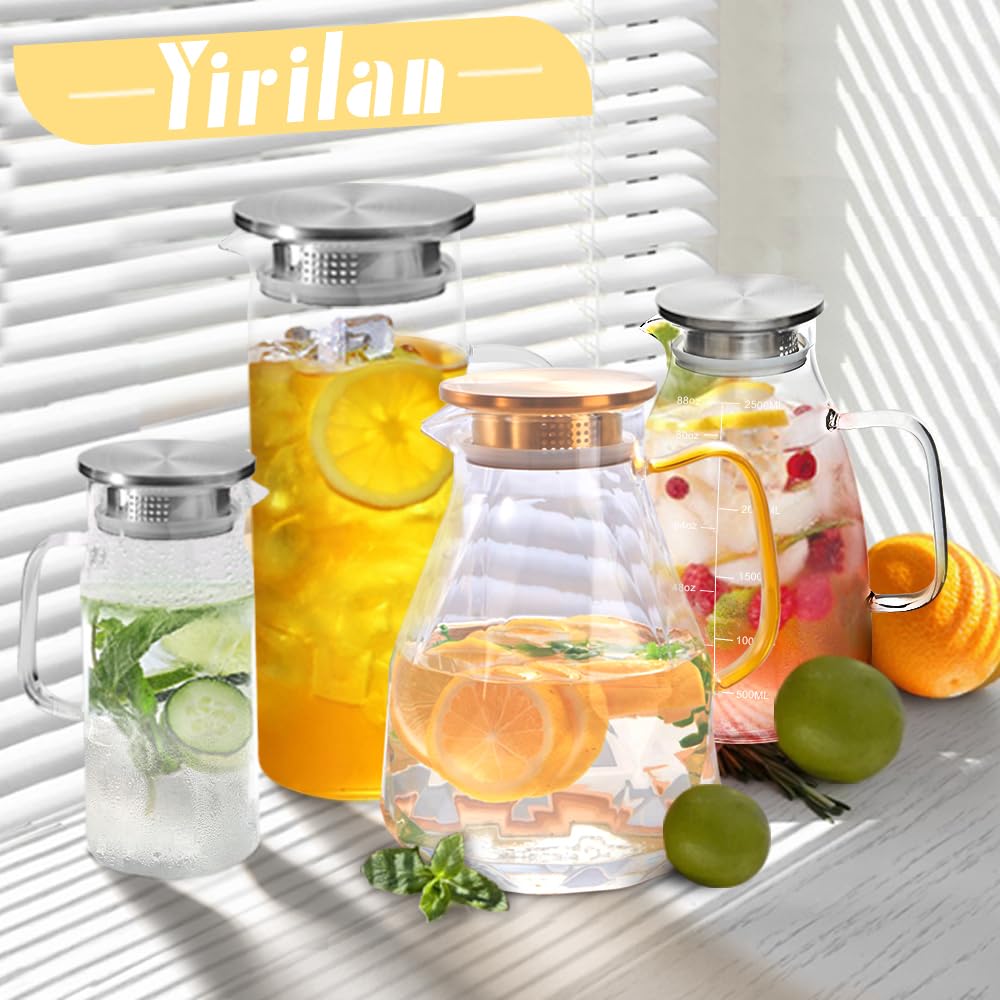 Yirilan Glass Water Jug, Glass Pitcher with Lid 74OZ/2.2L Water Pitcher with Lid Handle, Juice Pitcher Jug, Carafe