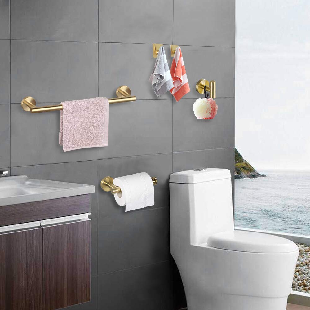 TocTen Bathroom Hardware Set SUS304 Stainless Steel-Towel Rack Set Include Hand Towel Bar+Toilet Paper Holder+3 Robe Towel Hooks Bathroom Accessories Towel Bar Set (Brushed Gold, 5 Pcs 16 Inch)