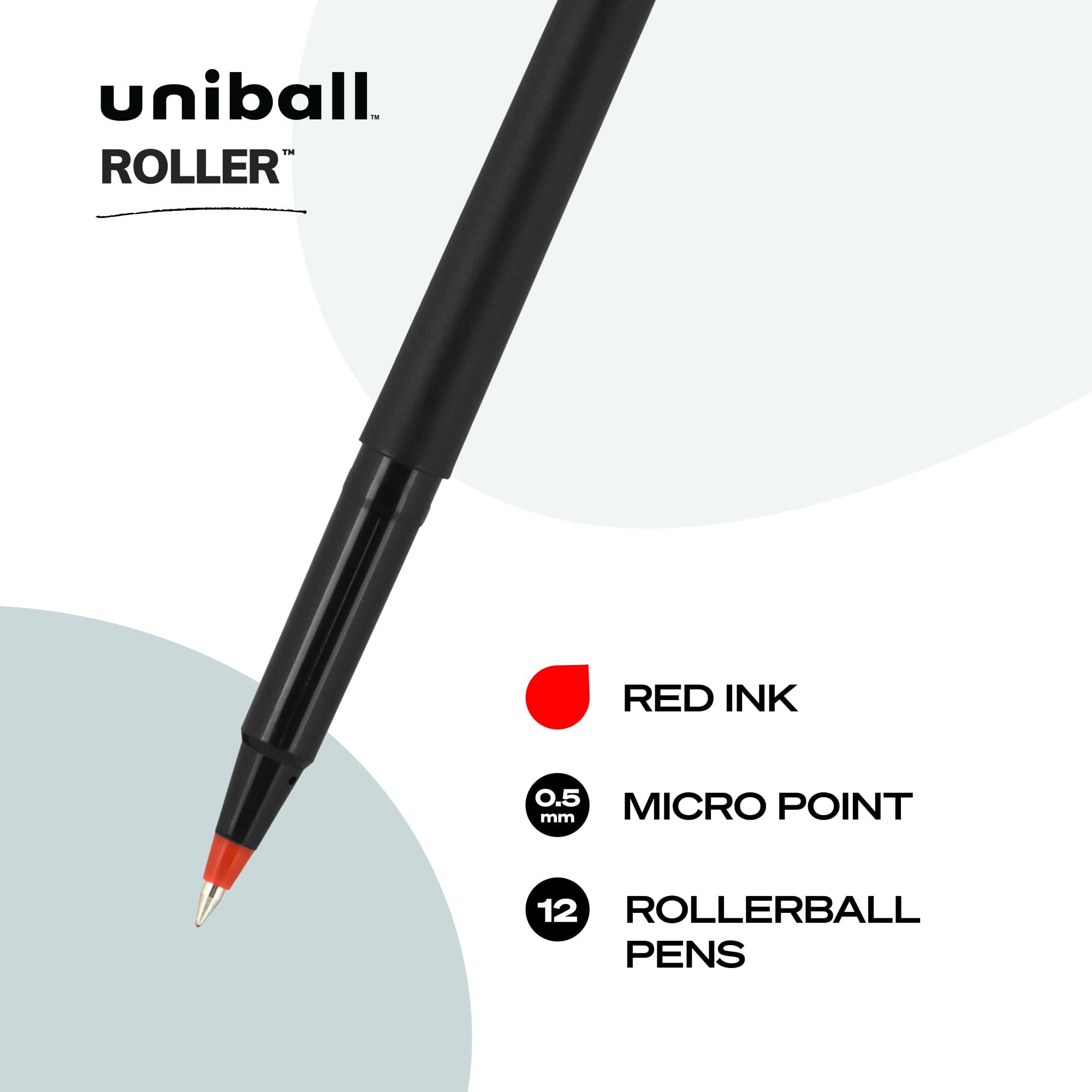 uni-ball Roller Rollerball, Stick Roller Ball Pen Micro-0.5mm, 12 Pack, Red Ink (60152)