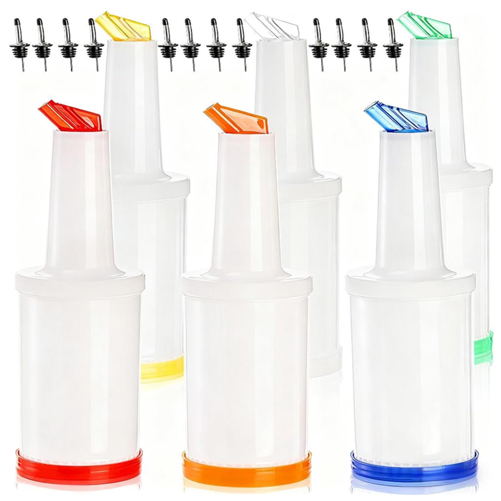Tebery 6 Pack Plastic Juice Pour Bottles with 12 Stainless Steel Bottle Pourer, 34OZ Plastic Juice Dispensers for Bar Home Kitchen Party Supplies