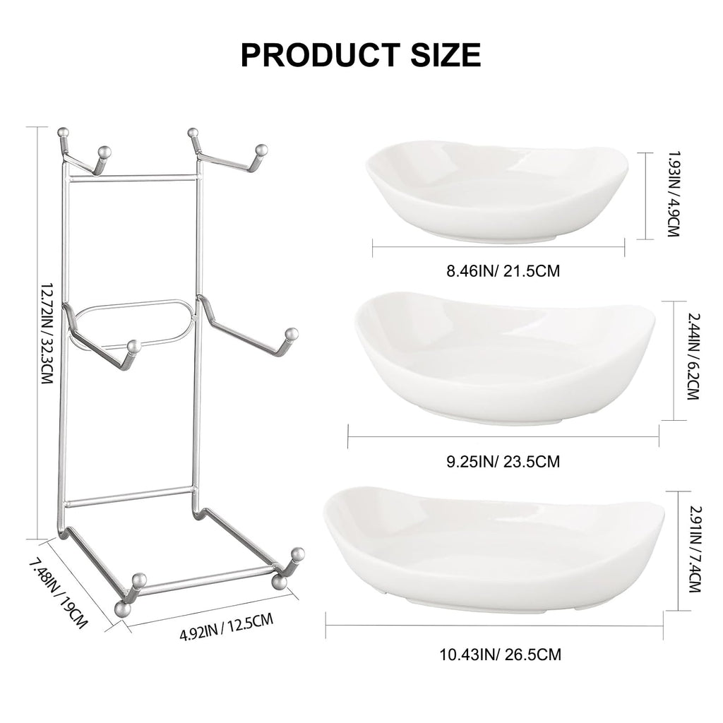 MEIGLQEA 3 Tier Fruit Basket for Kitchen Counter, Silver/White Ceramic Fruit Bowl for Countertop, Home Fruit Rack with Holder, Vegetable Bowl Snacks Nuts Bread Candy Storage (White)