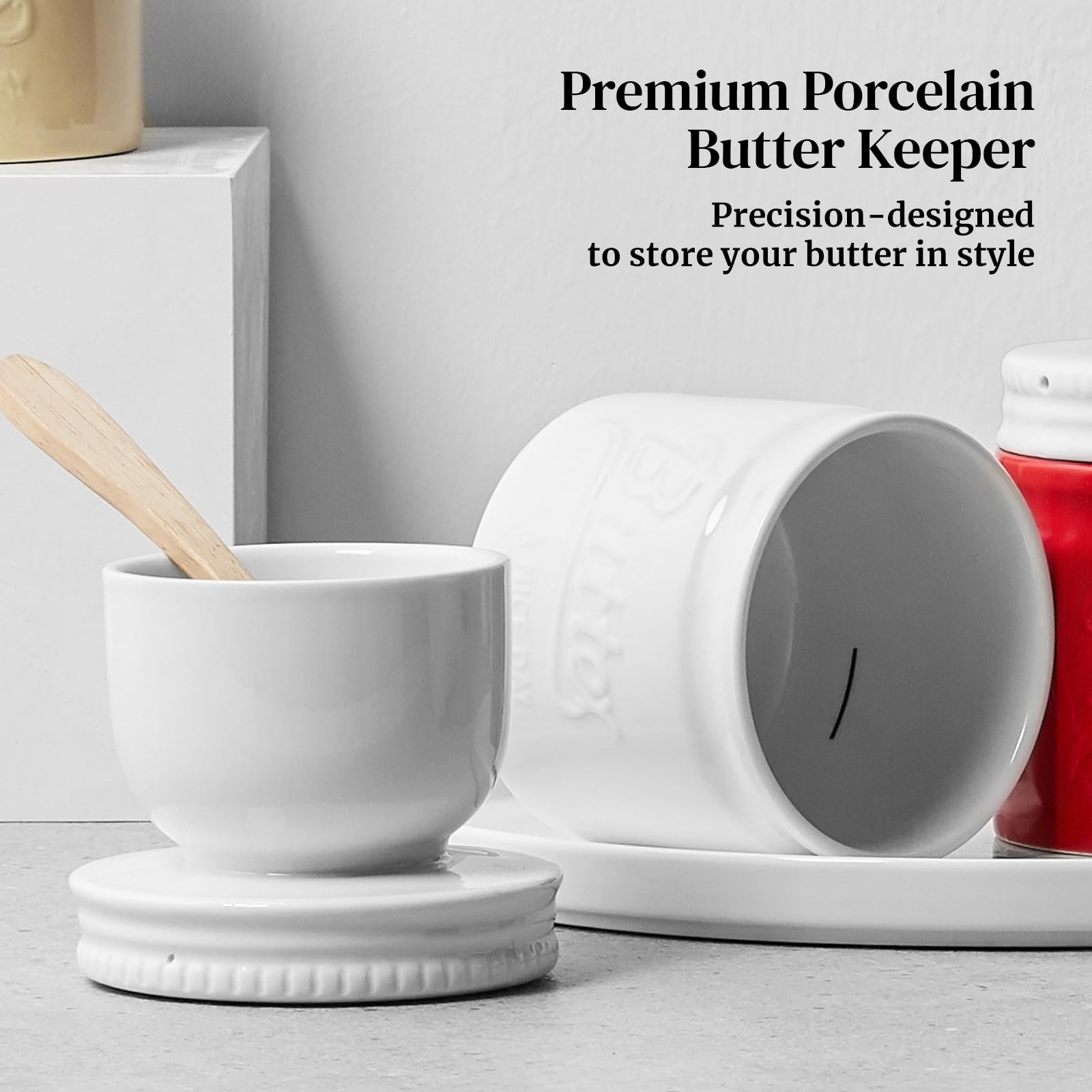 DOWAN Porcelain Butter Keeper Crock, French Butter Dish with Lid, Embossed Butter Container for Soft Butter, Big Capacity & Humanized Water Line, White