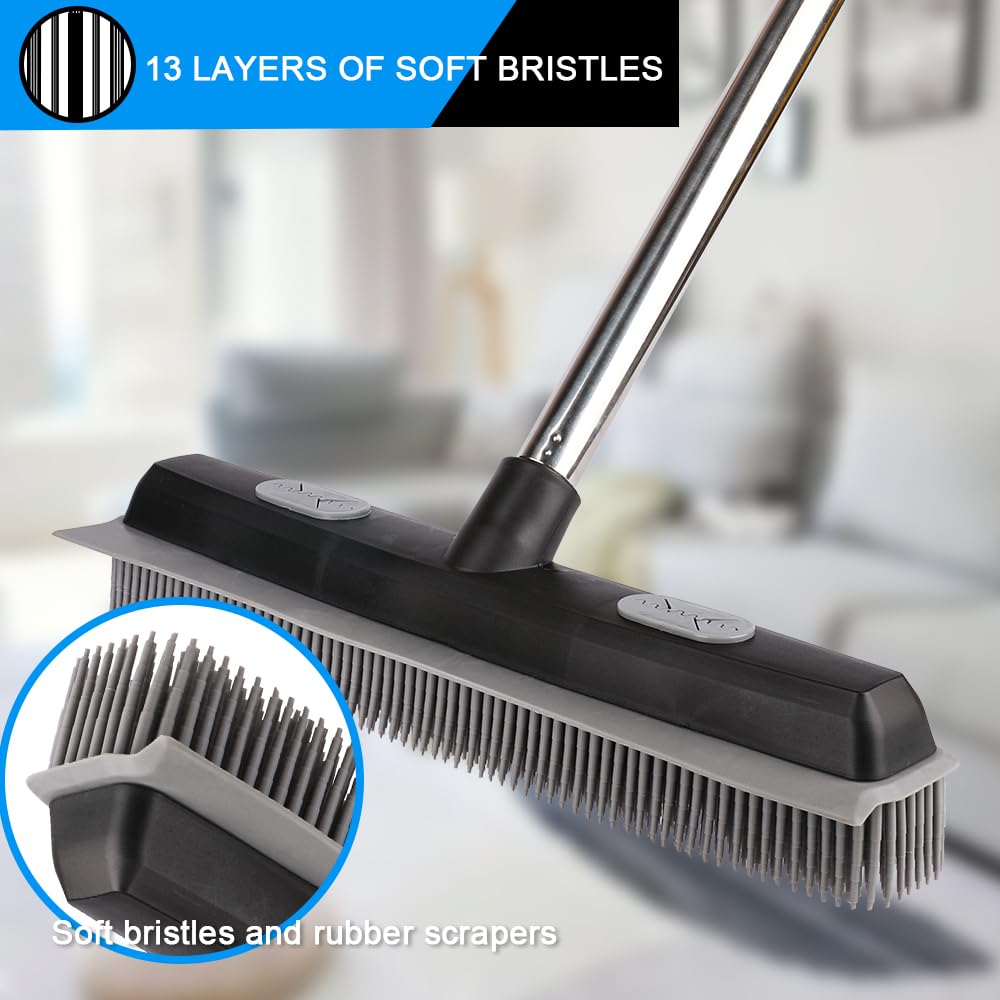 Pet Hair Rubber Broom with Carpet Rake and Squeegee, 2 in 1 Floor Brush for Carpet, 62 inch Adjustable Handle,silicone broom Black (2)